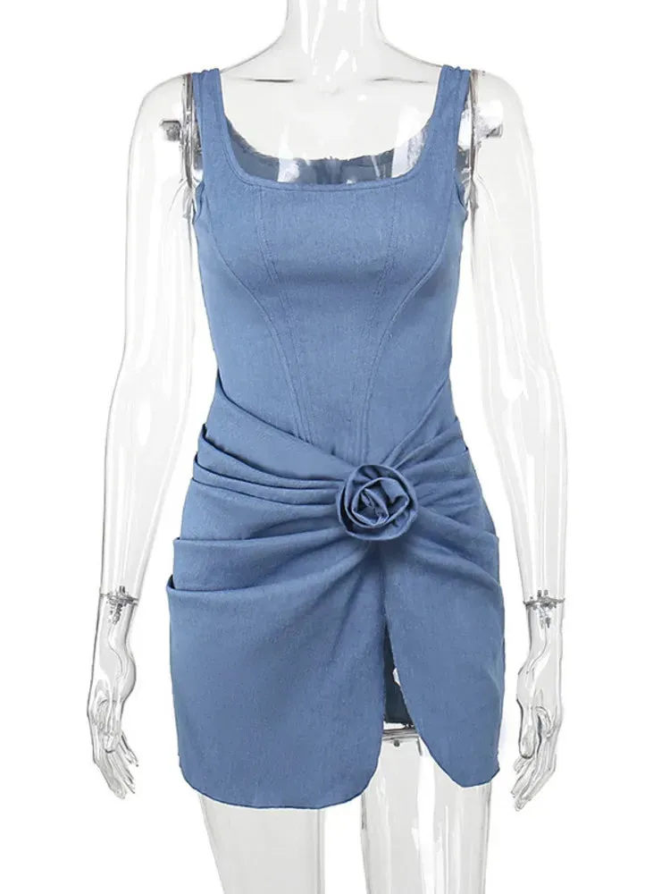 Denim Blue Bodycon Wrap Skirt Mini Dress with Floral Applique for Women