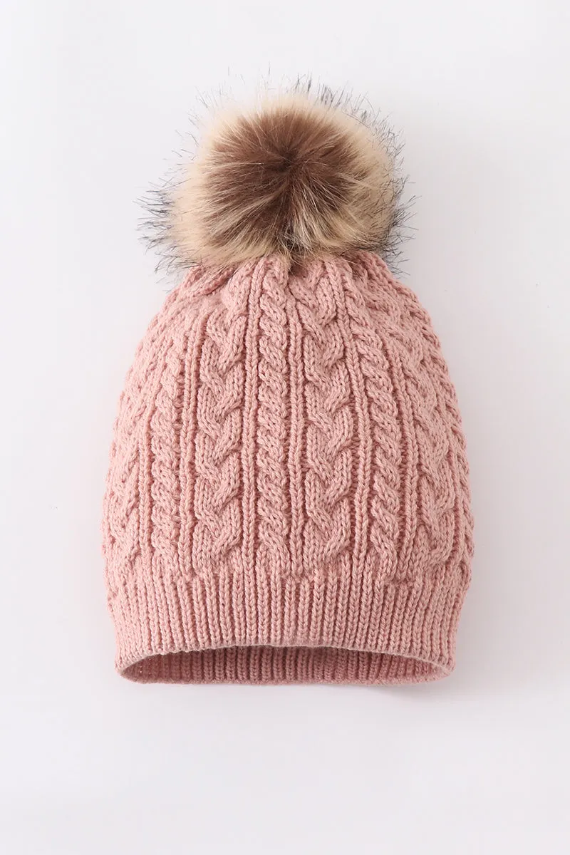 Dust rose cable knit pom pom beanie hat baby toddler adult