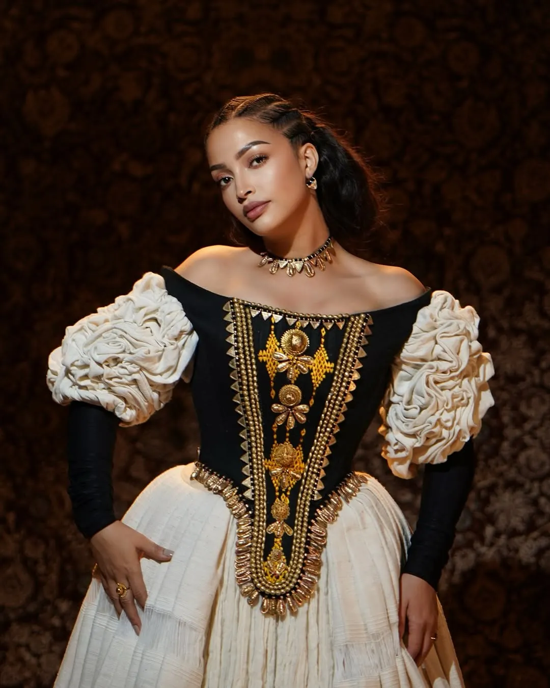 Enchanting Black with Golden Habesha Dress: Sophisticated Corset Designed Ethiopian Traditional Dress Stunning Ethiopian Wedding Dress