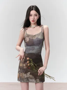 Ethereal Landscapes Slip Dress: Abstract Watercolor Print Mini with Tie Straps