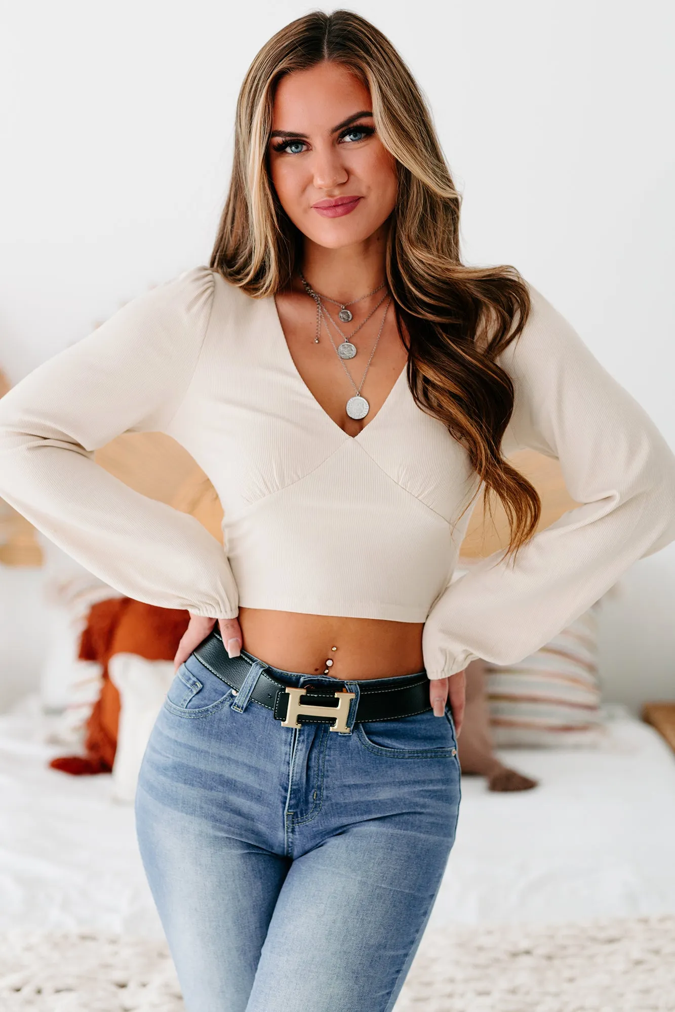 Far Between Rib Knit Balloon Sleeve Crop Top (Shell)