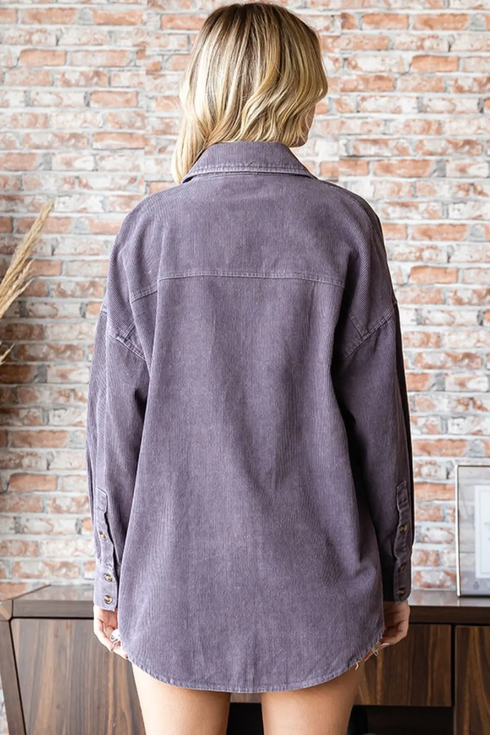 First Love Washed Corduroy Button Down Long Sleeve Shirt in Purple Gray