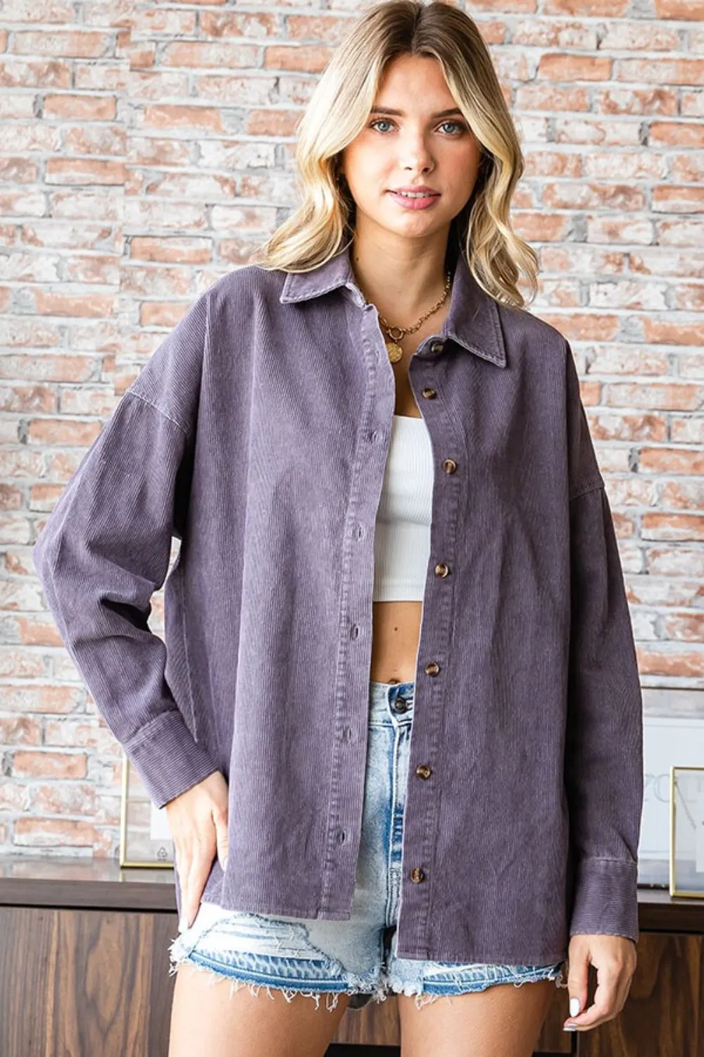 First Love Washed Corduroy Button Down Long Sleeve Shirt in Purple Gray