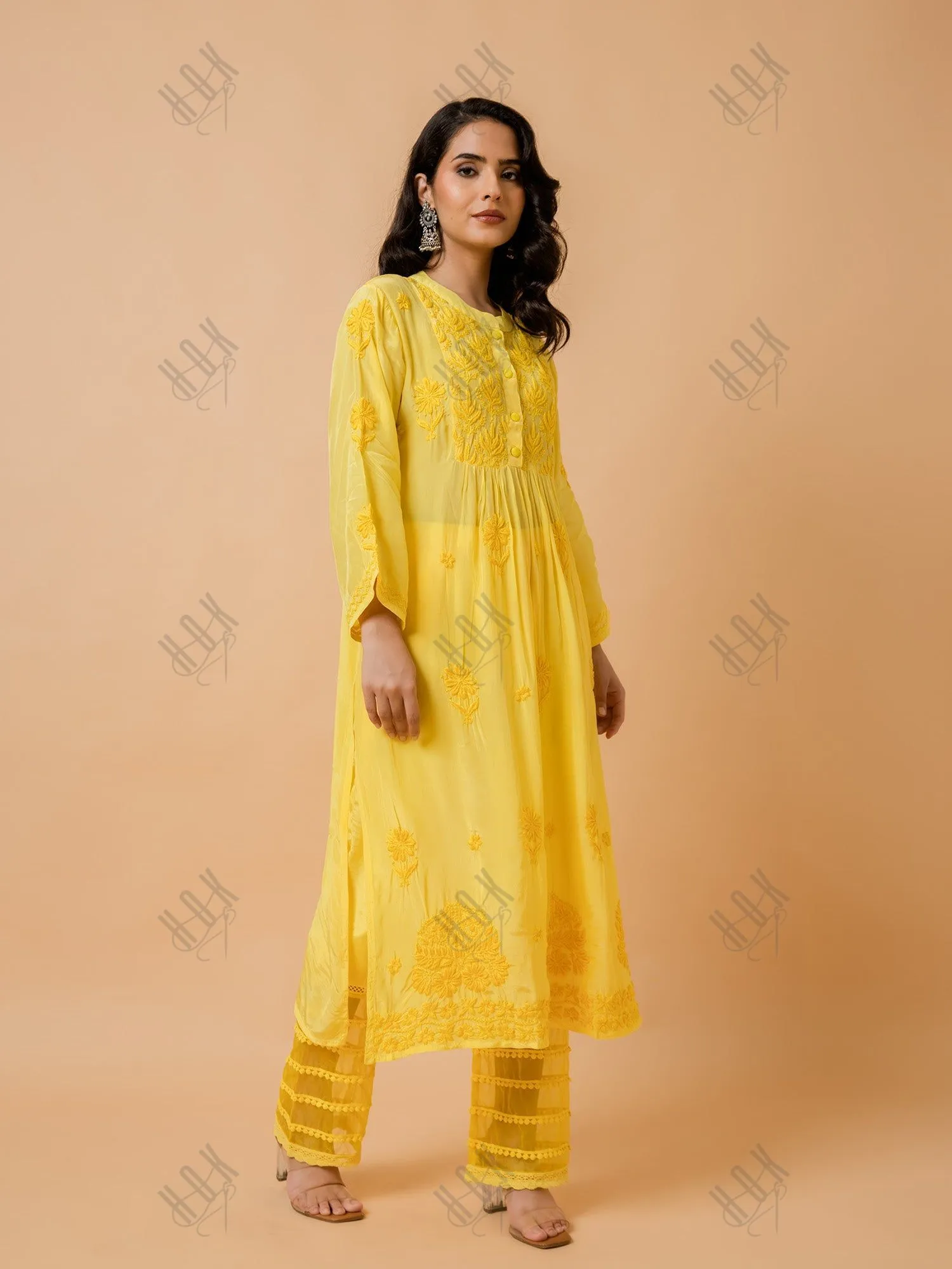 Fizaa Chikankari Crepe Silk Kurta Set for Women Yellow