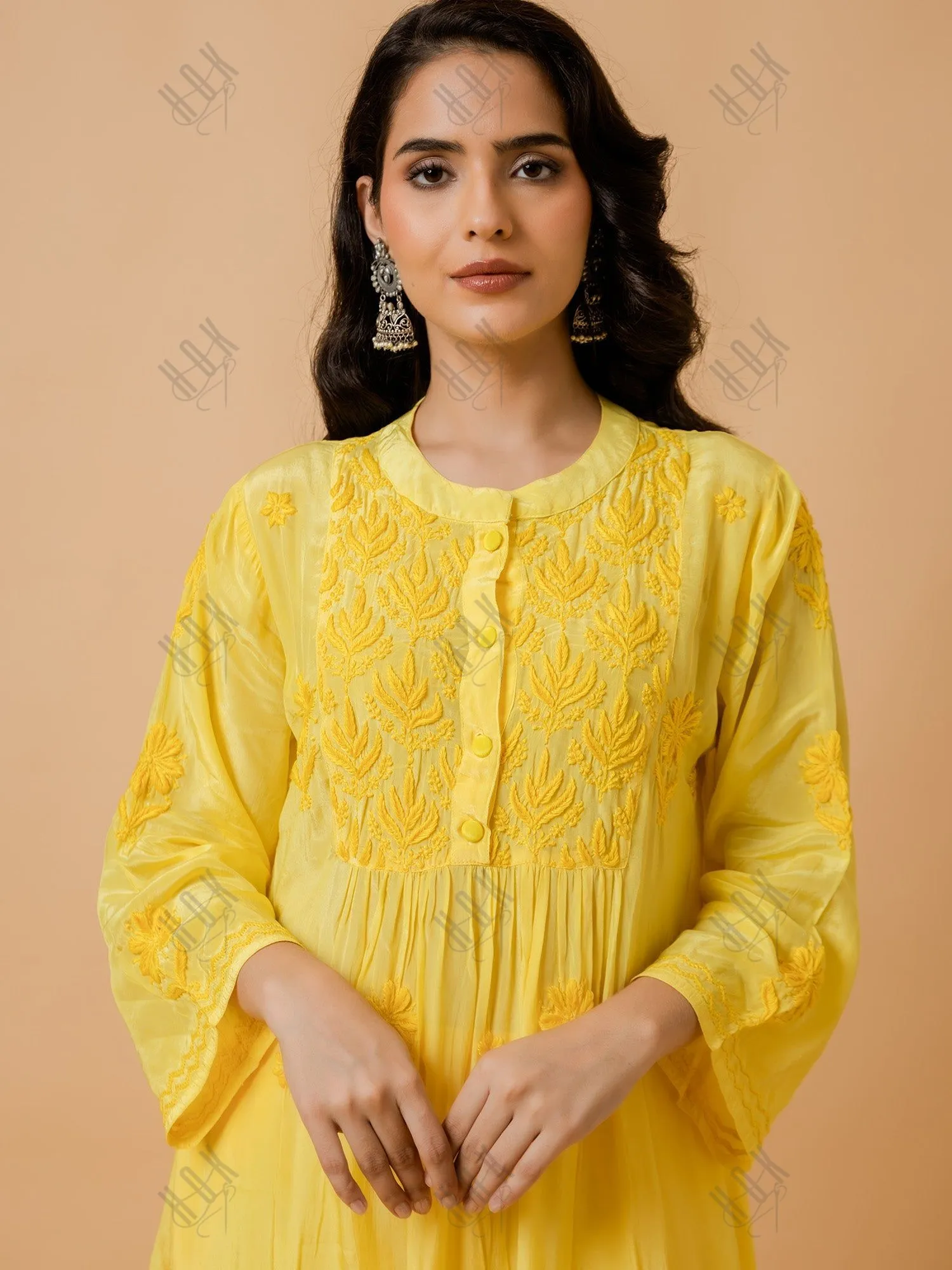 Fizaa Chikankari Crepe Silk Kurta Set for Women Yellow