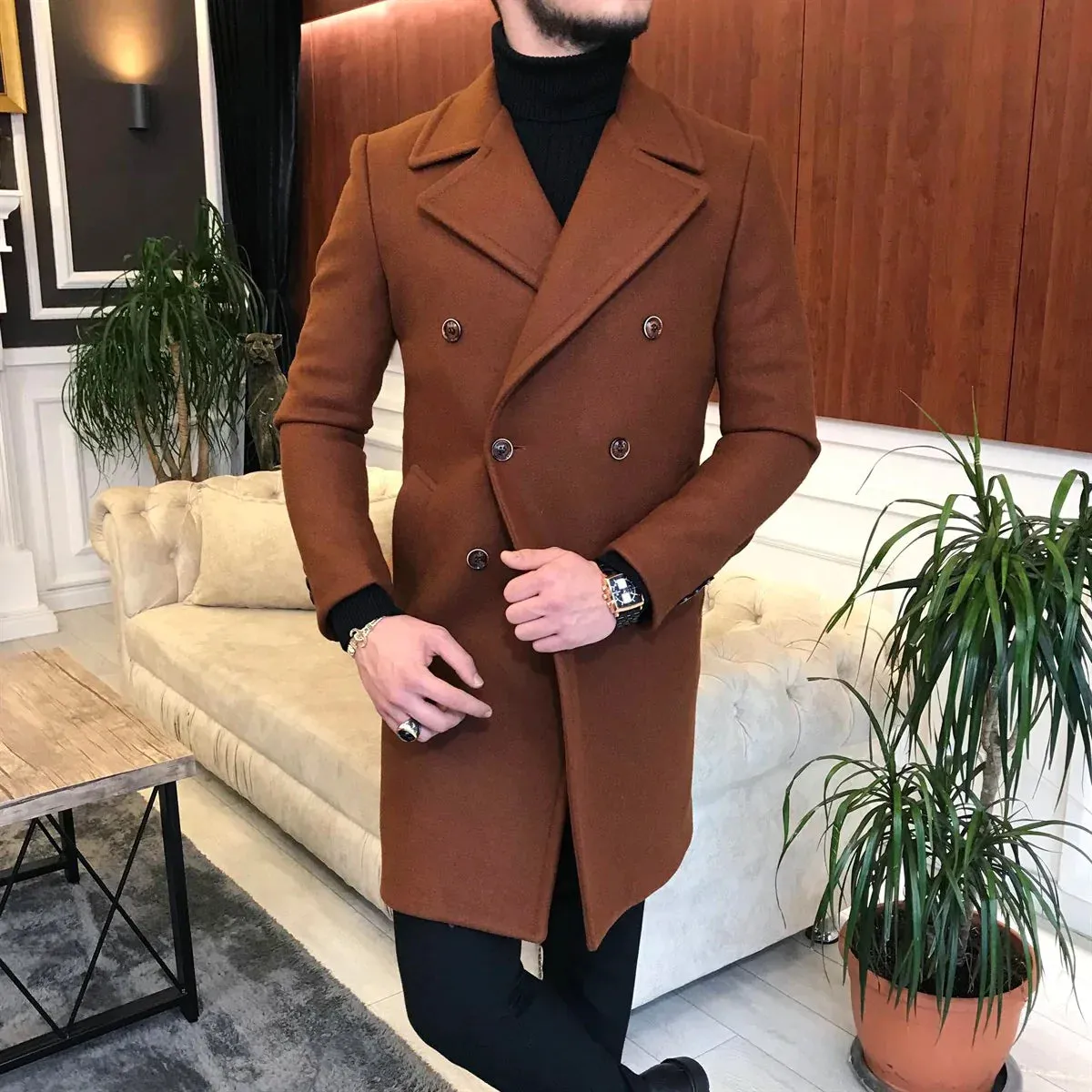 Frost Slim Fit Tan Double Breasted Wool Over Coat by ITALIAN VEGA®