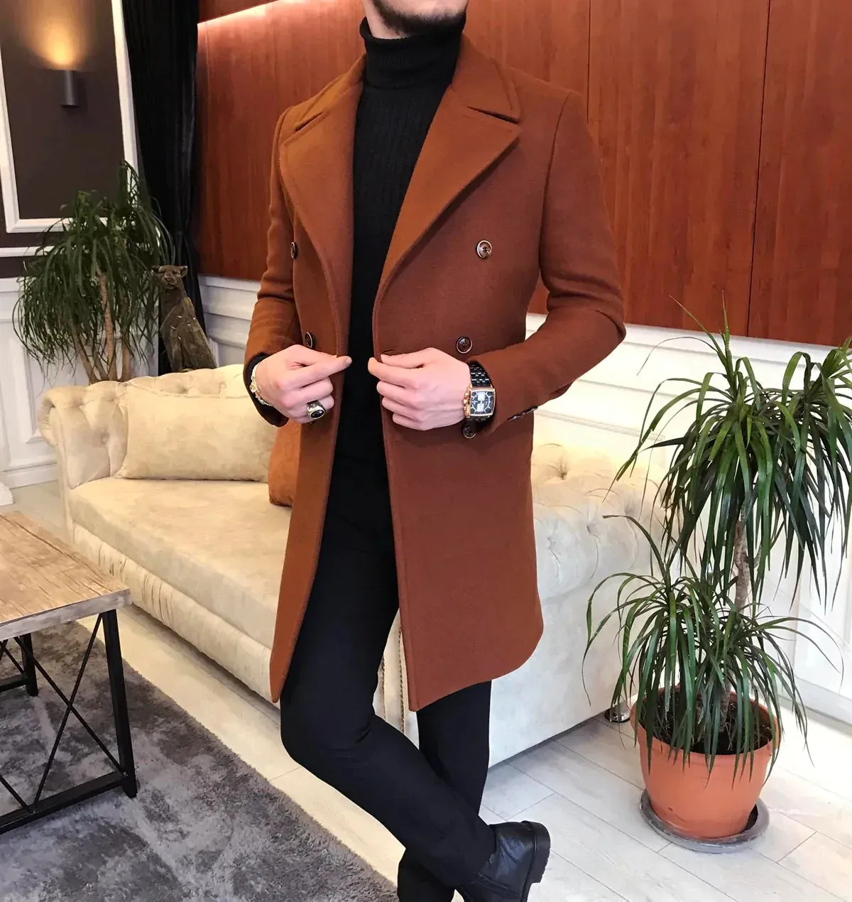 Frost Slim Fit Tan Double Breasted Wool Over Coat by ITALIAN VEGA®