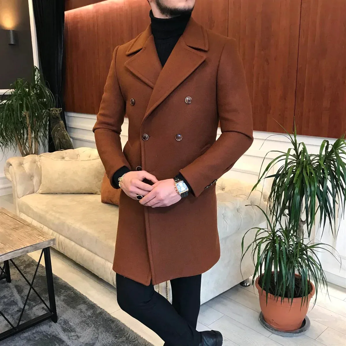 Frost Slim Fit Tan Double Breasted Wool Over Coat by ITALIAN VEGA®