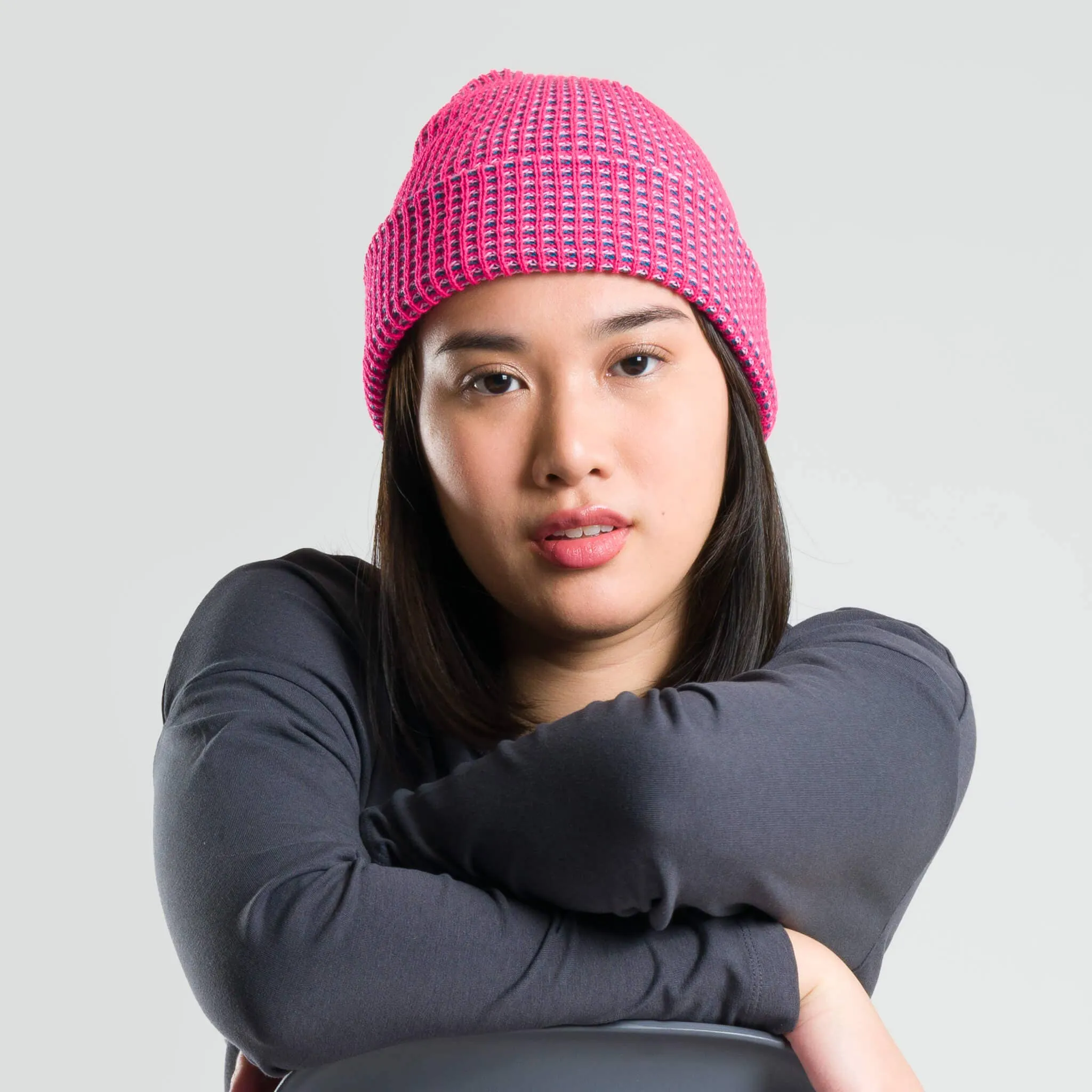 Grid Knit Beanie - Fuchsia