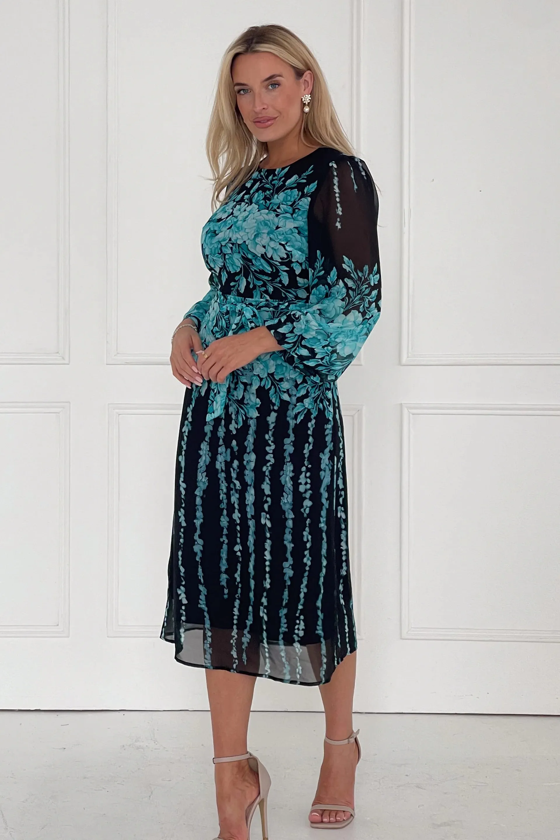 Harlow Floral Belted Long Sleeve Midi Dress- Blue