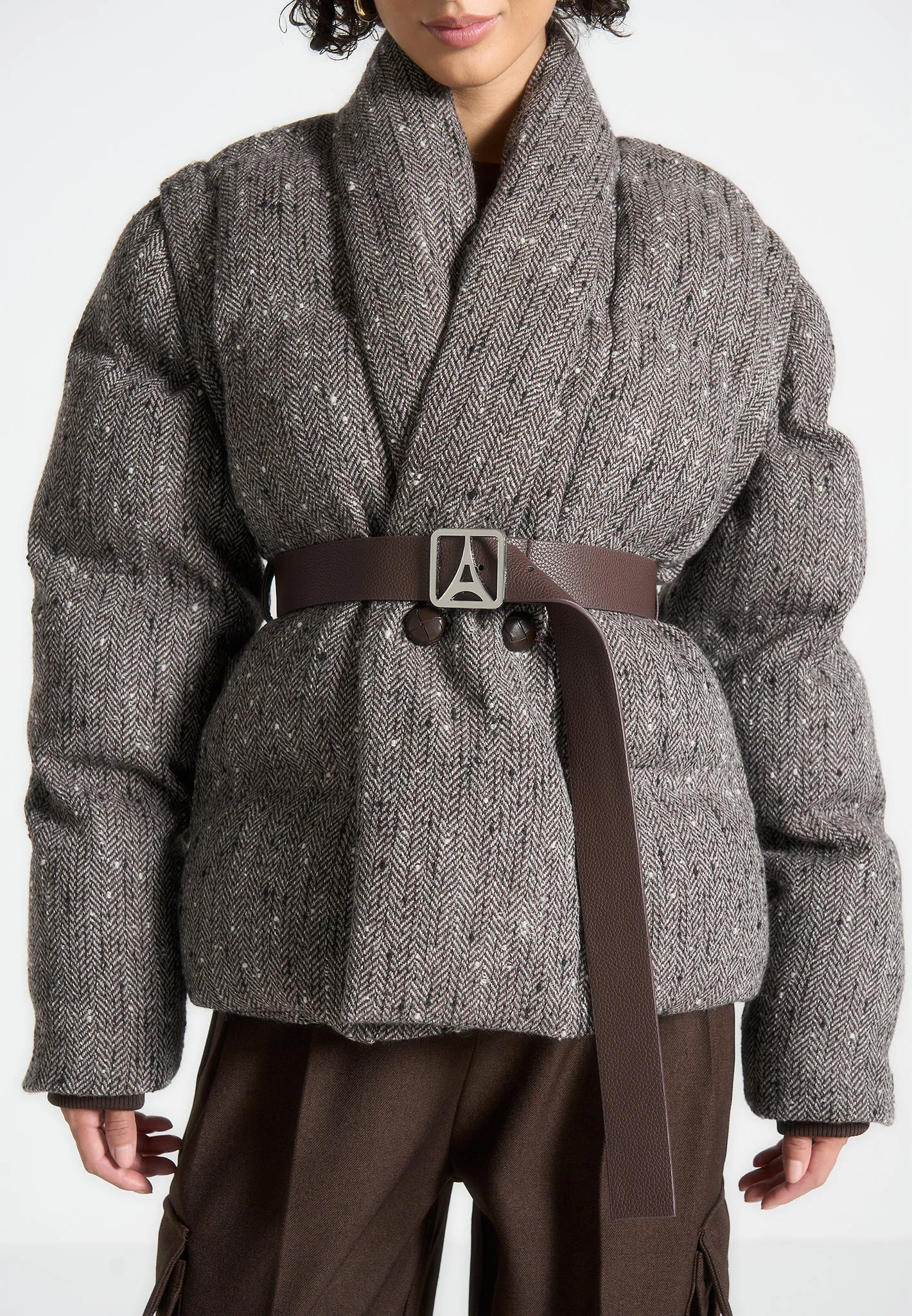 Herringbone Wrap Belted Puffer Jacket - Brown