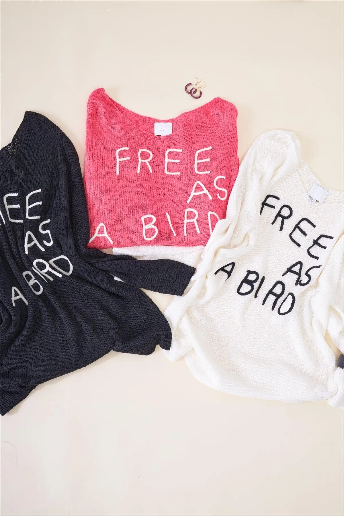 Junior Plus Ivory "Free As A Bird" Logo Knit Sweater /5-1