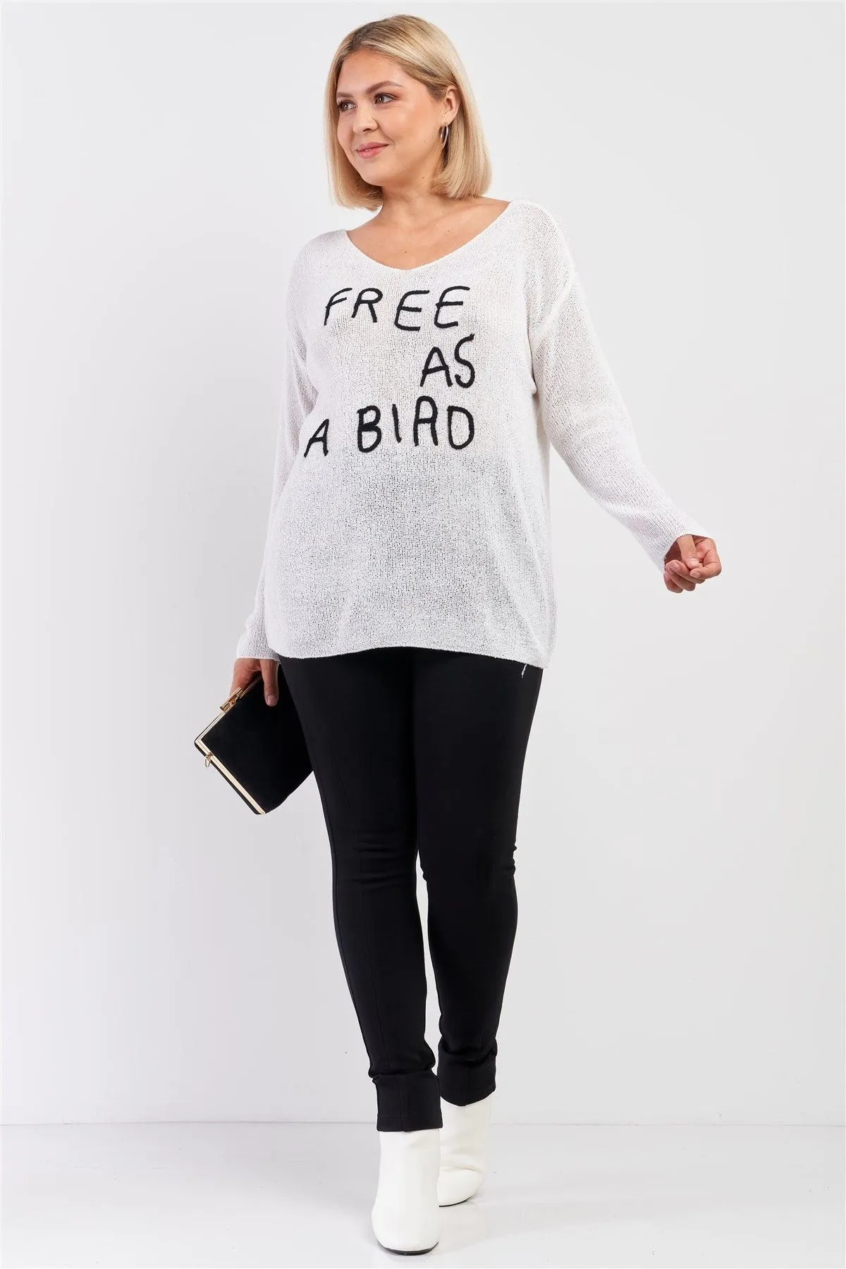 Junior Plus Ivory "Free As A Bird" Logo Knit Sweater /5-1