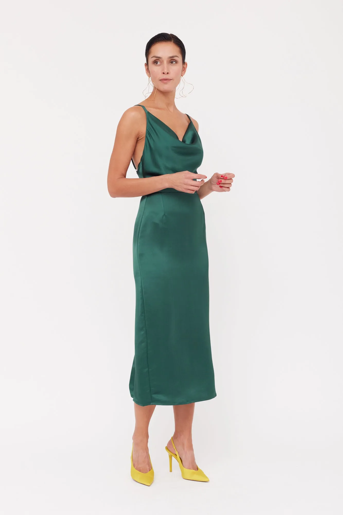 KAMEA Deep Green Satin Cowl Neck Midi Dress