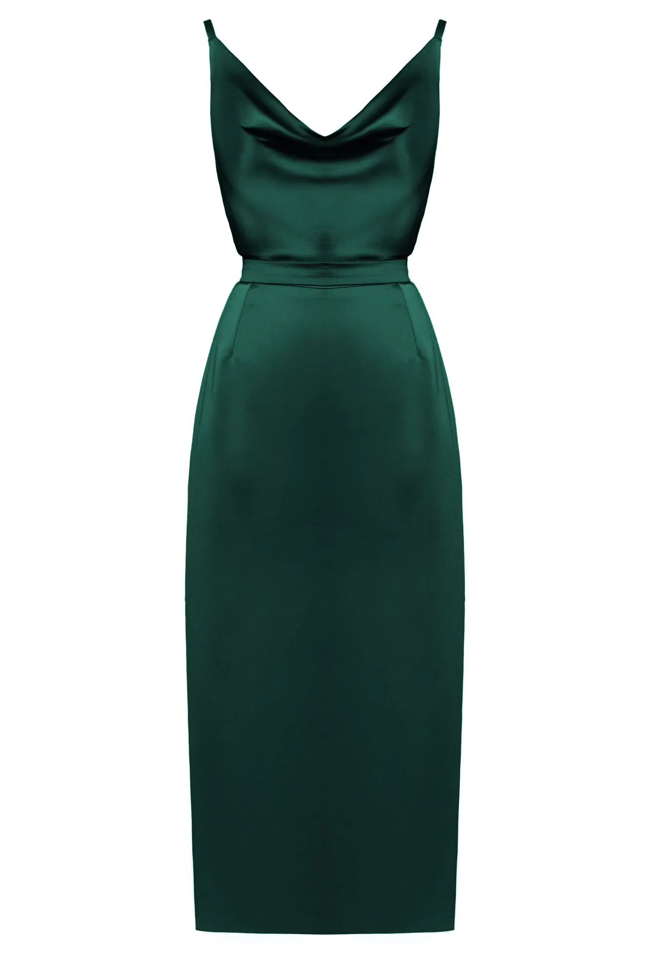 KAMEA Deep Green Satin Cowl Neck Midi Dress