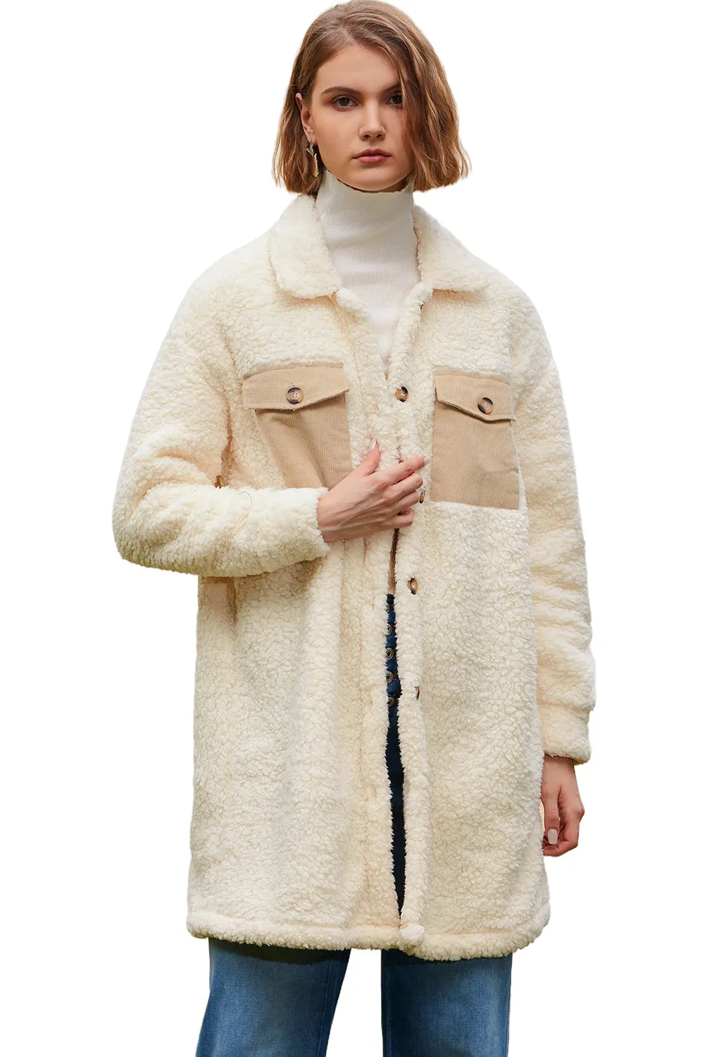 Khaki Contrast Flap Pocket Single Breasted Teddy Coat