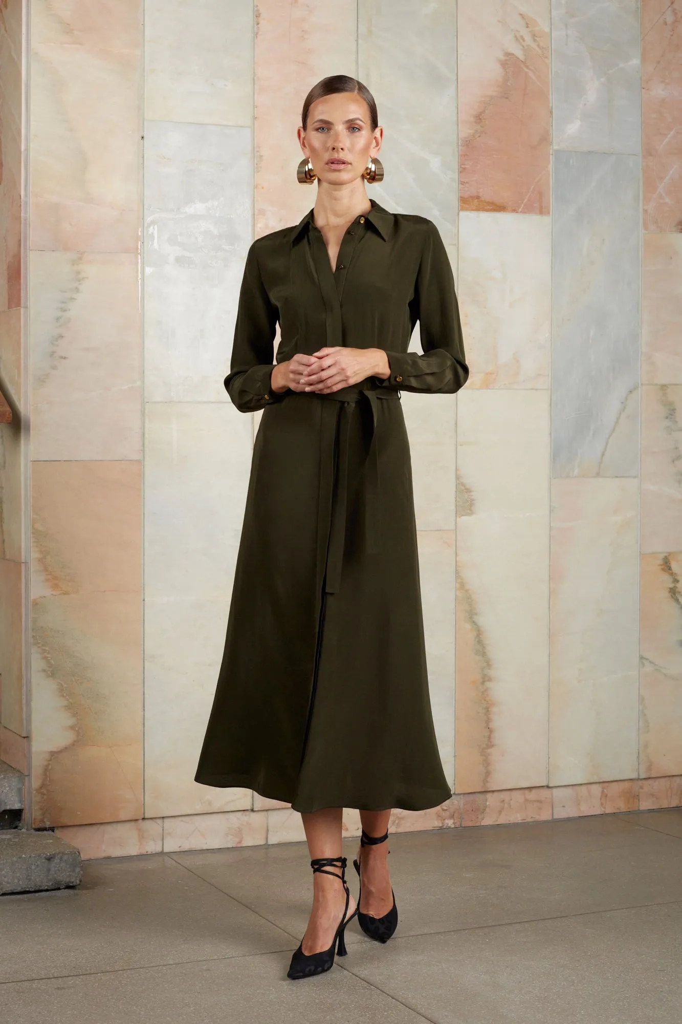 KIRA khaki midi shirt dress