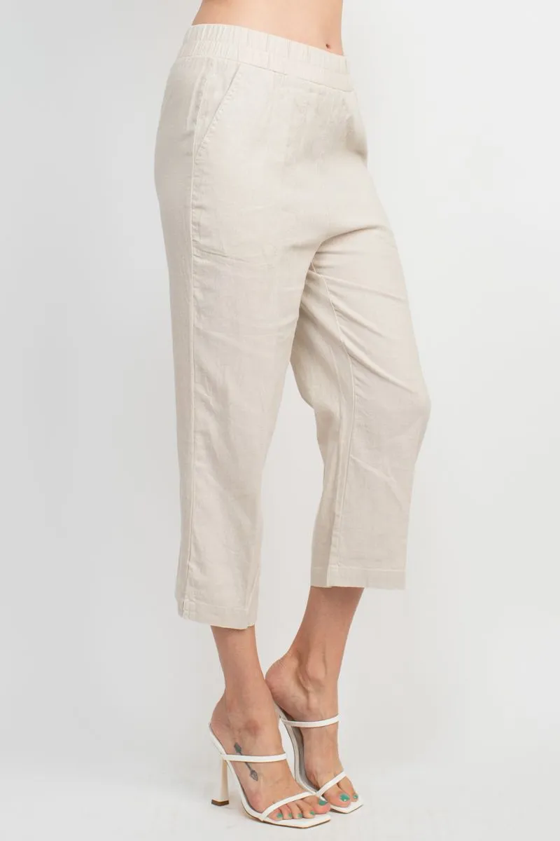 Land N Sea Pull-on Elastic Waist Slit Bottom Linen Gaucho Pant with Pockets