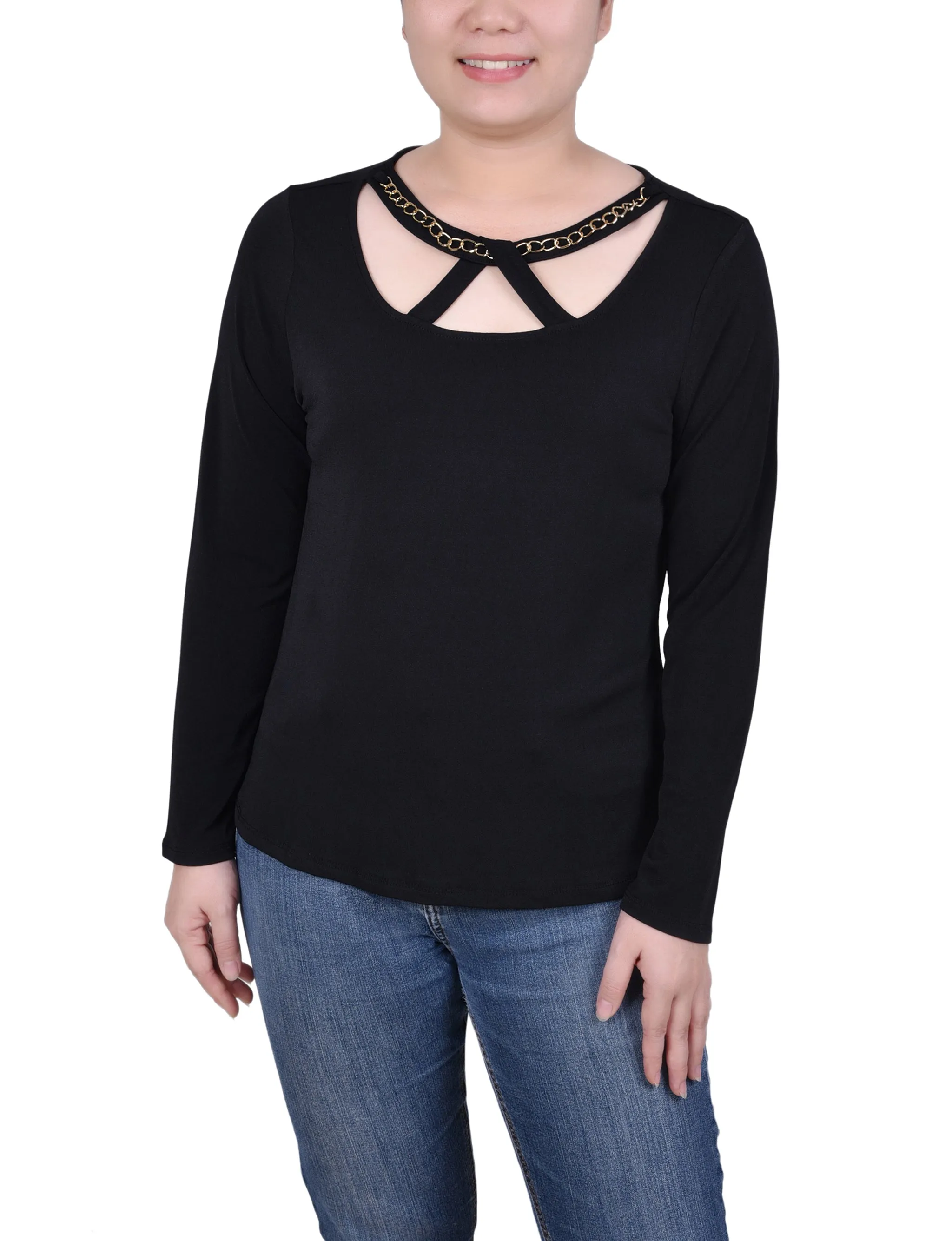 Long Sleeve Jeweled Neck Top