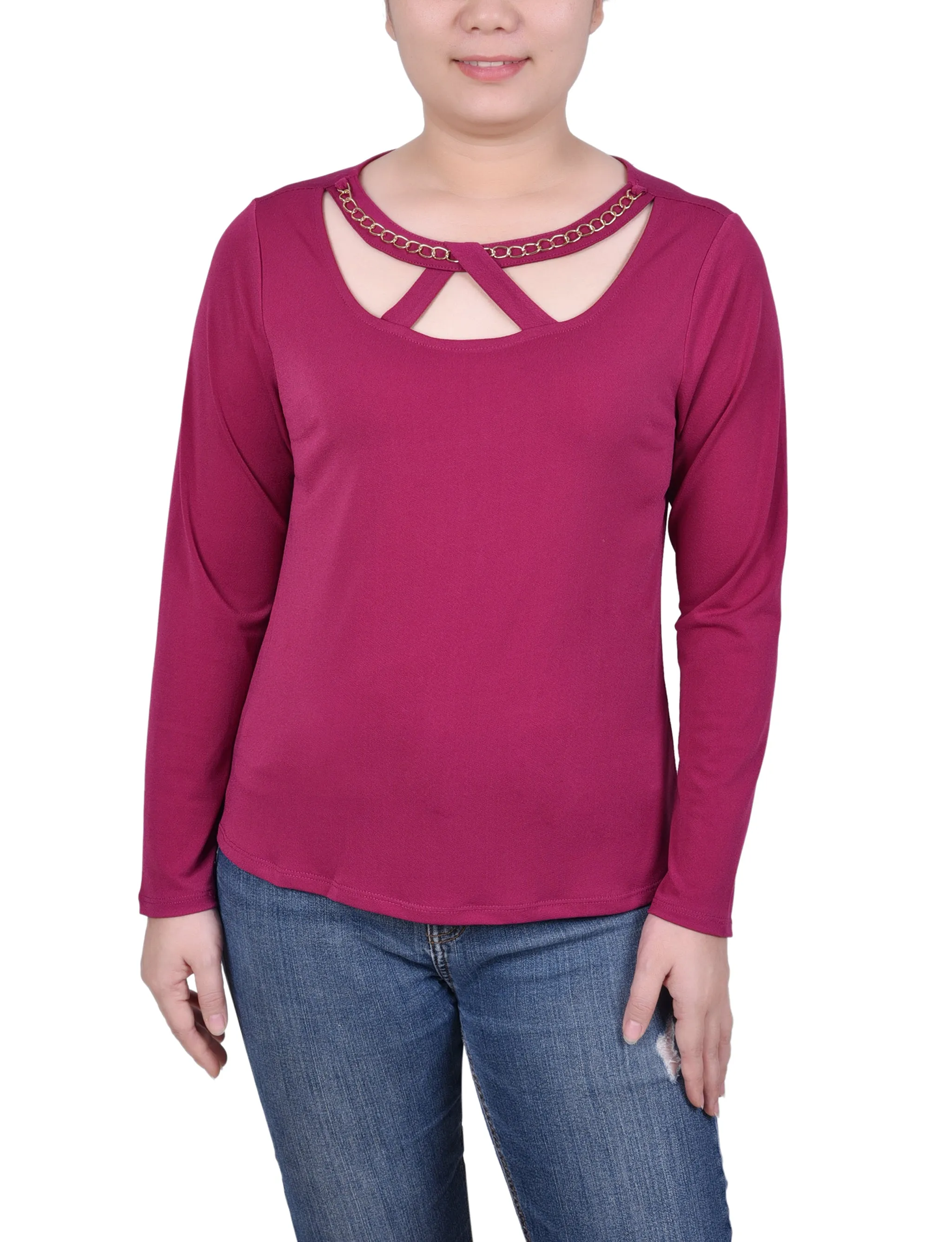 Long Sleeve Jeweled Neck Top