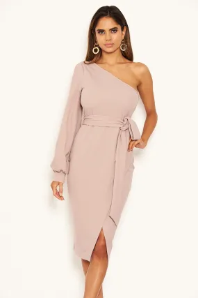 Mushroom Split Sleeve One Shoulder Bodycon Midi Dress