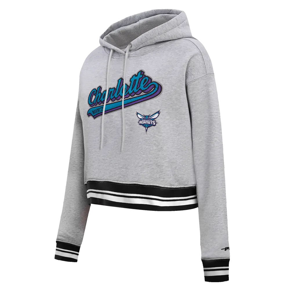 NBA CHARLOTTE HORNETS SCRIPT TAIL WOMEN'S RIB FLC CROPPED PO HOODIE (HEATHER GRAY/BLACK)