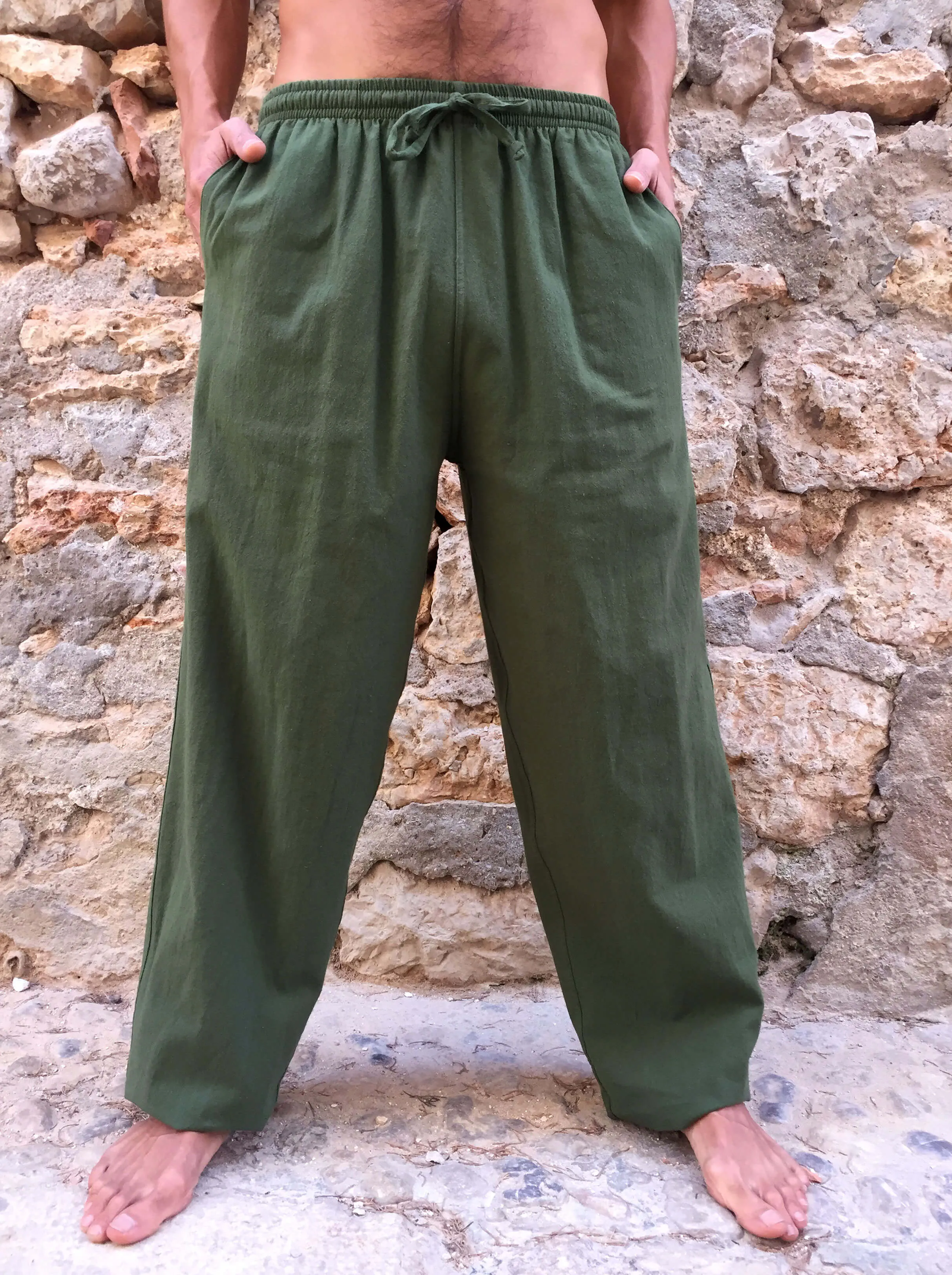 Olive Green Cotton Drawstring Pants