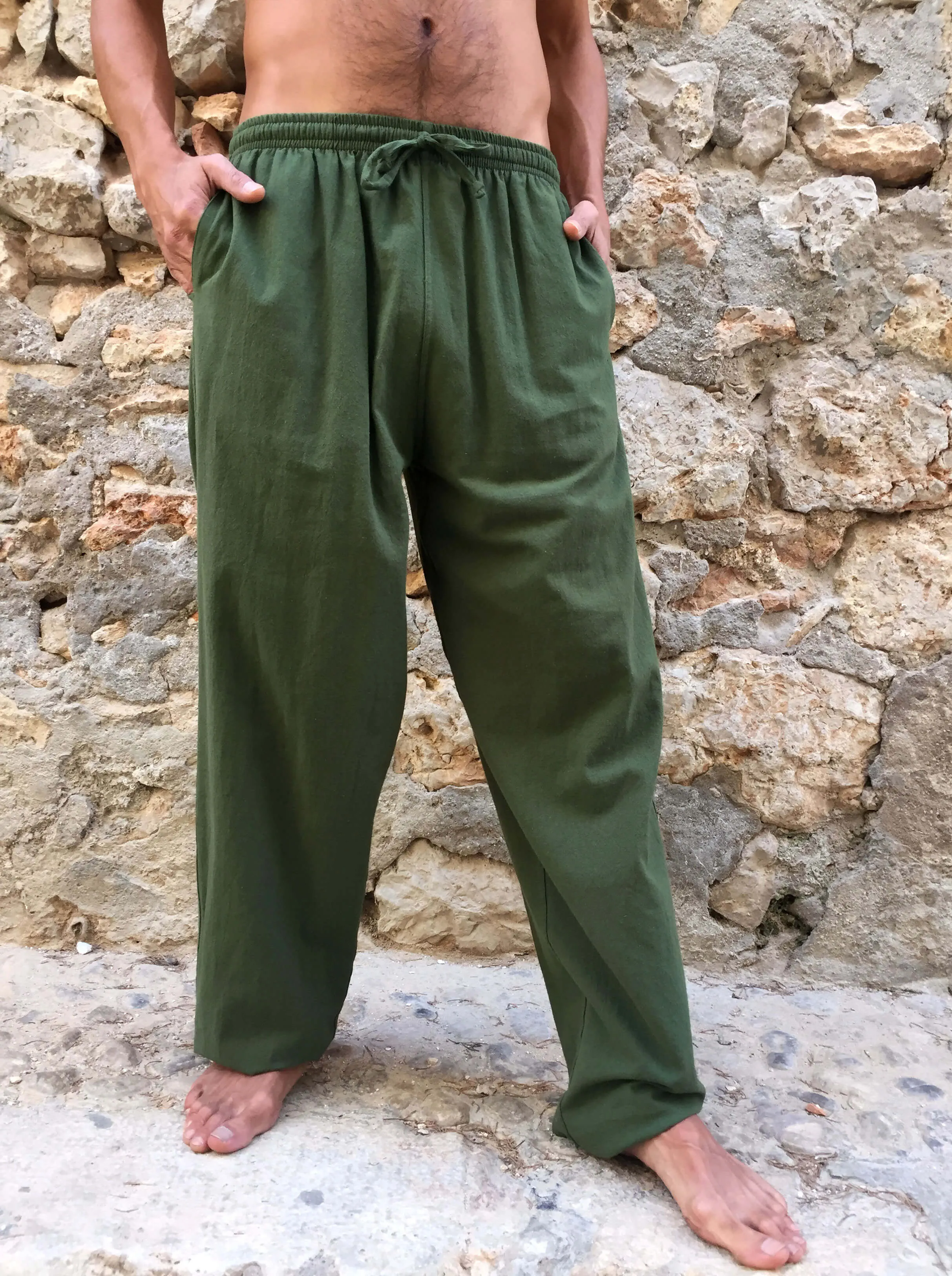 Olive Green Cotton Drawstring Pants