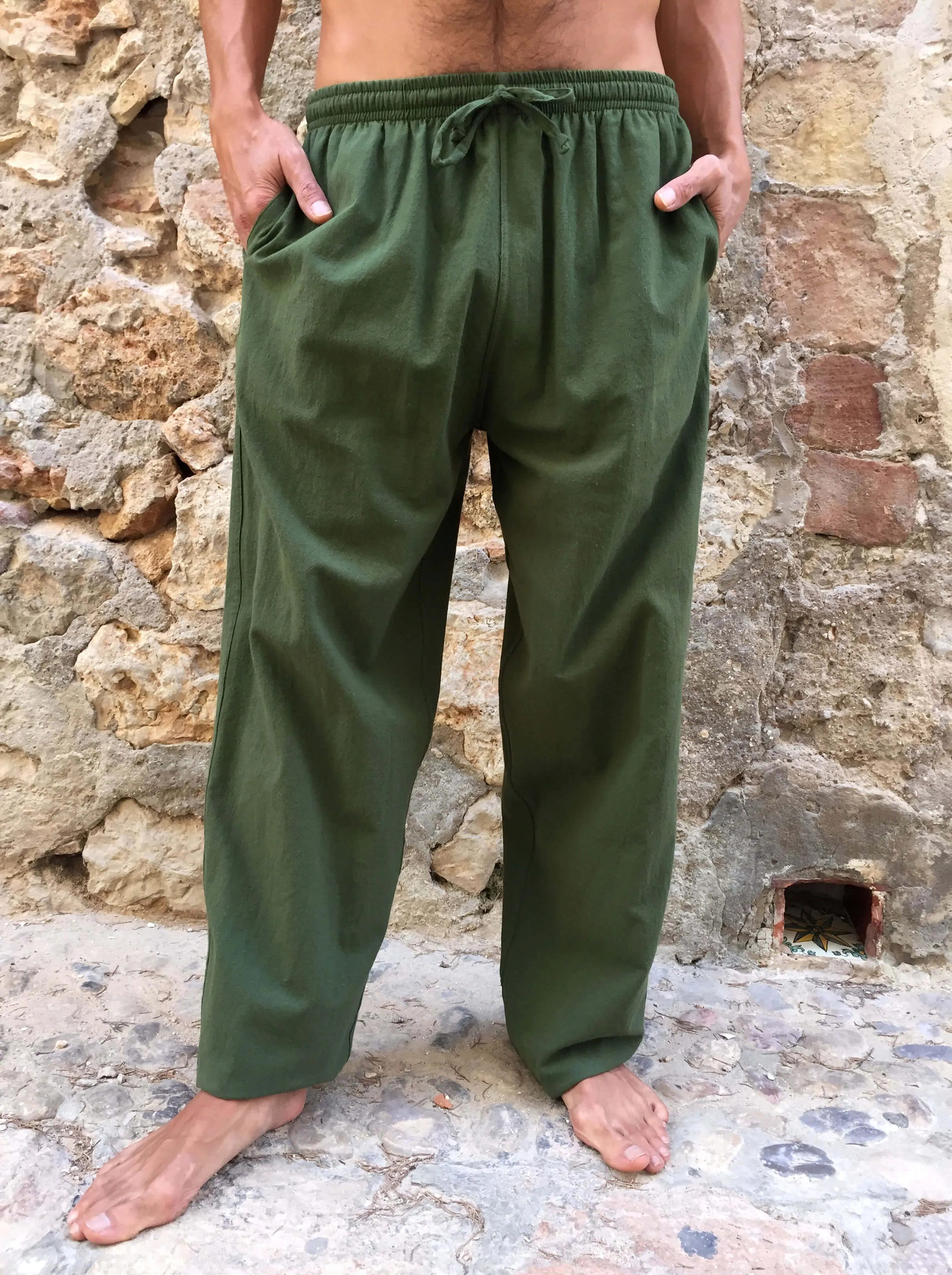 Olive Green Cotton Drawstring Pants