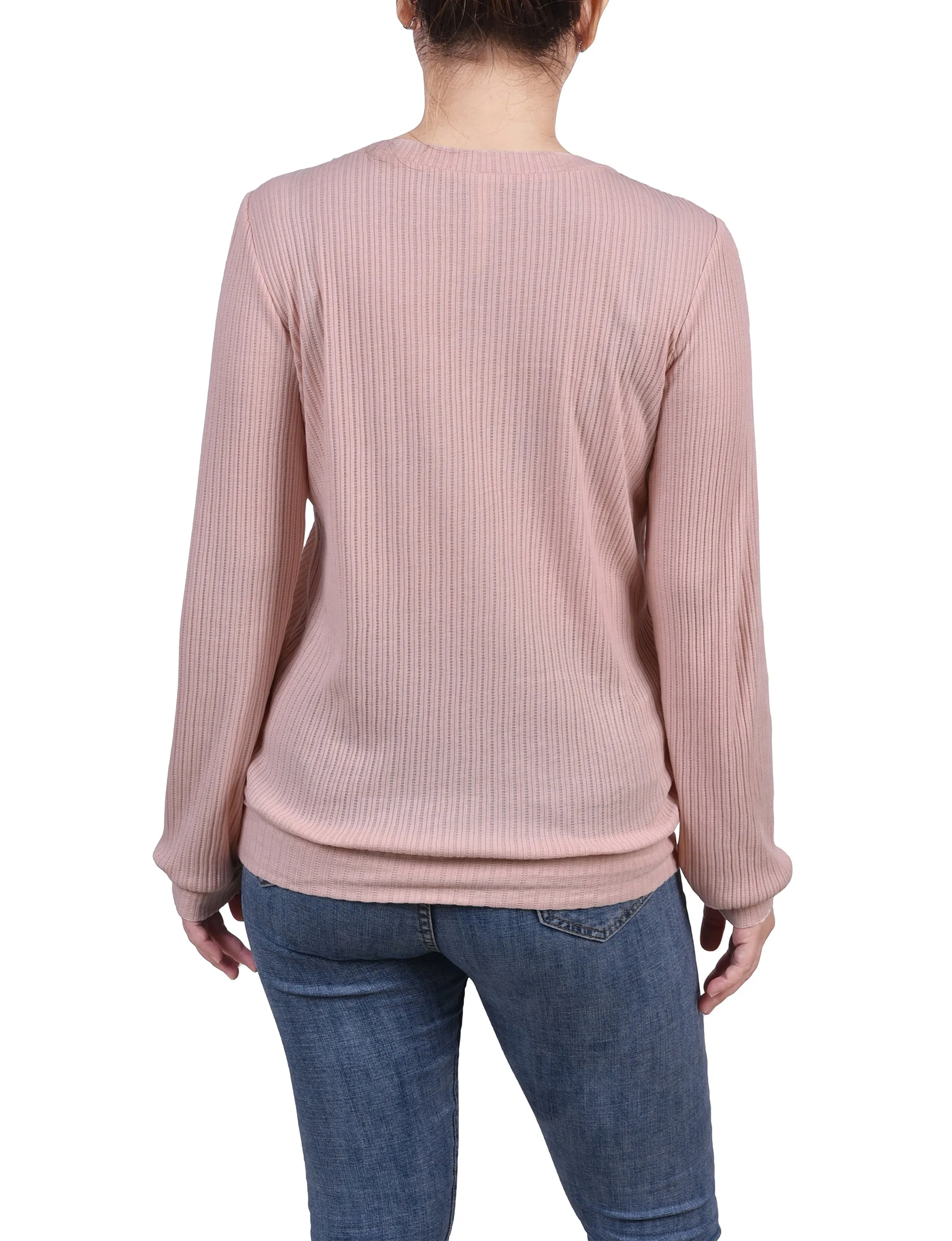 Petite Long Sleeve Ribbed Pearl Trimmed Top