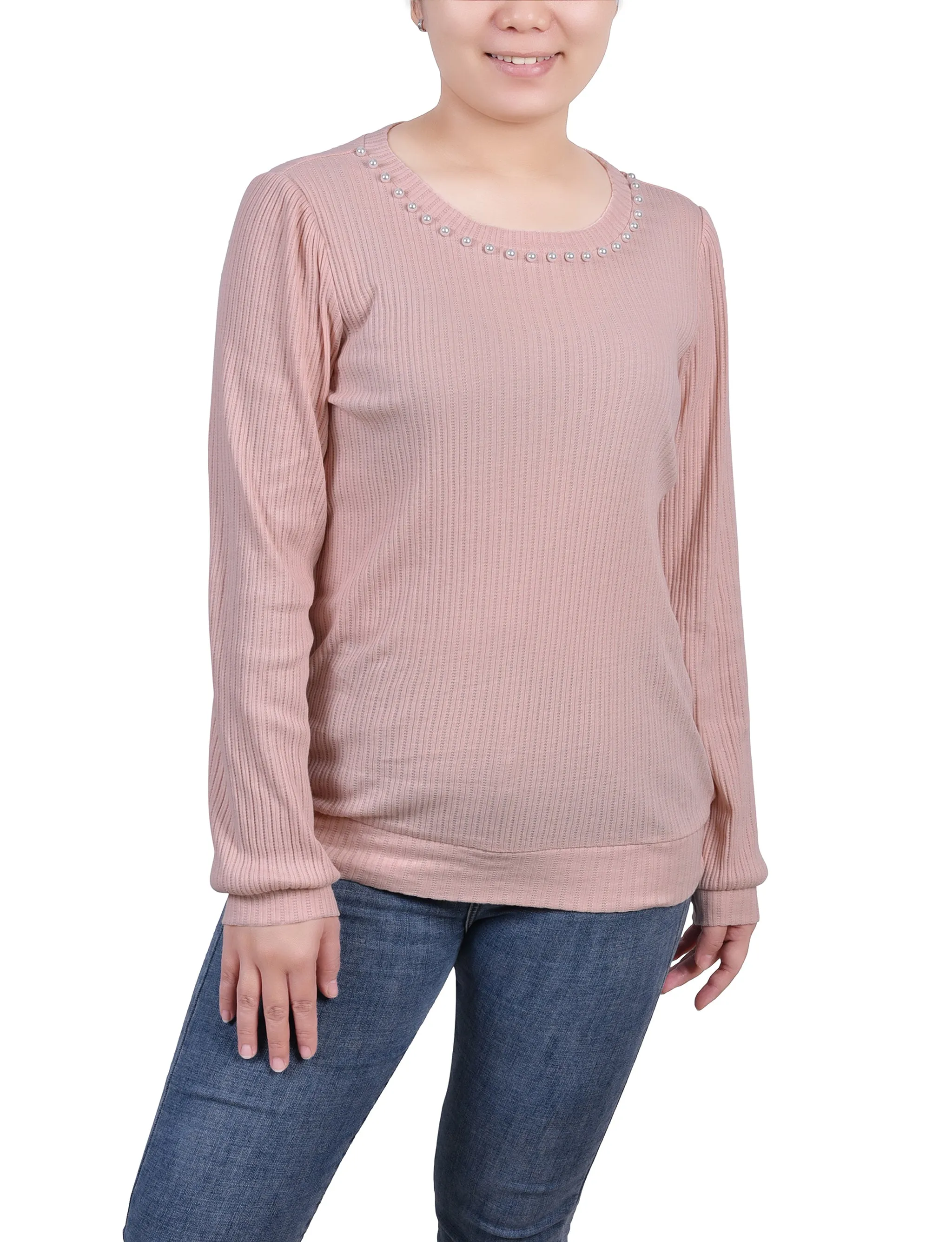 Petite Long Sleeve Ribbed Pearl Trimmed Top