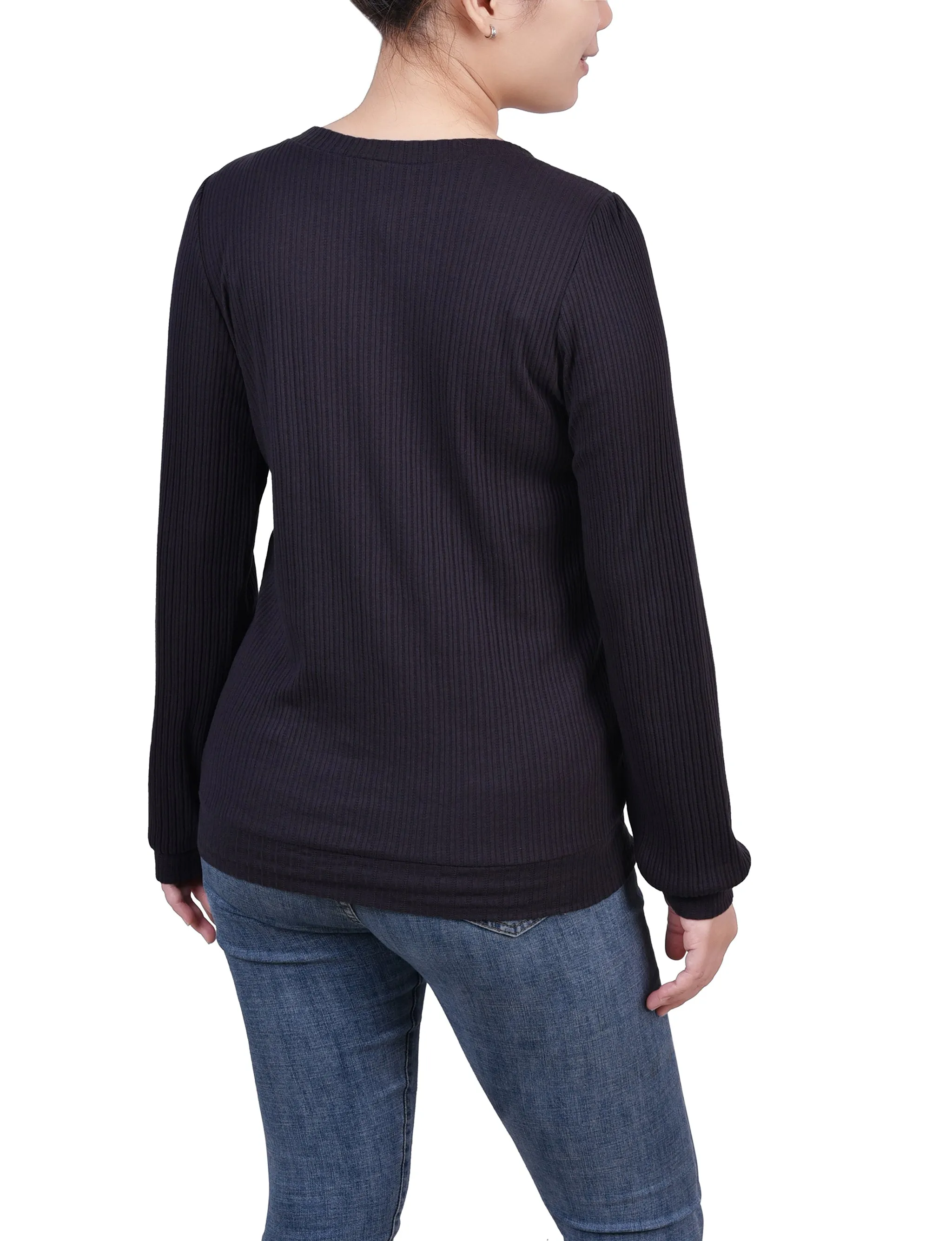 Petite Long Sleeve Ribbed Pearl Trimmed Top