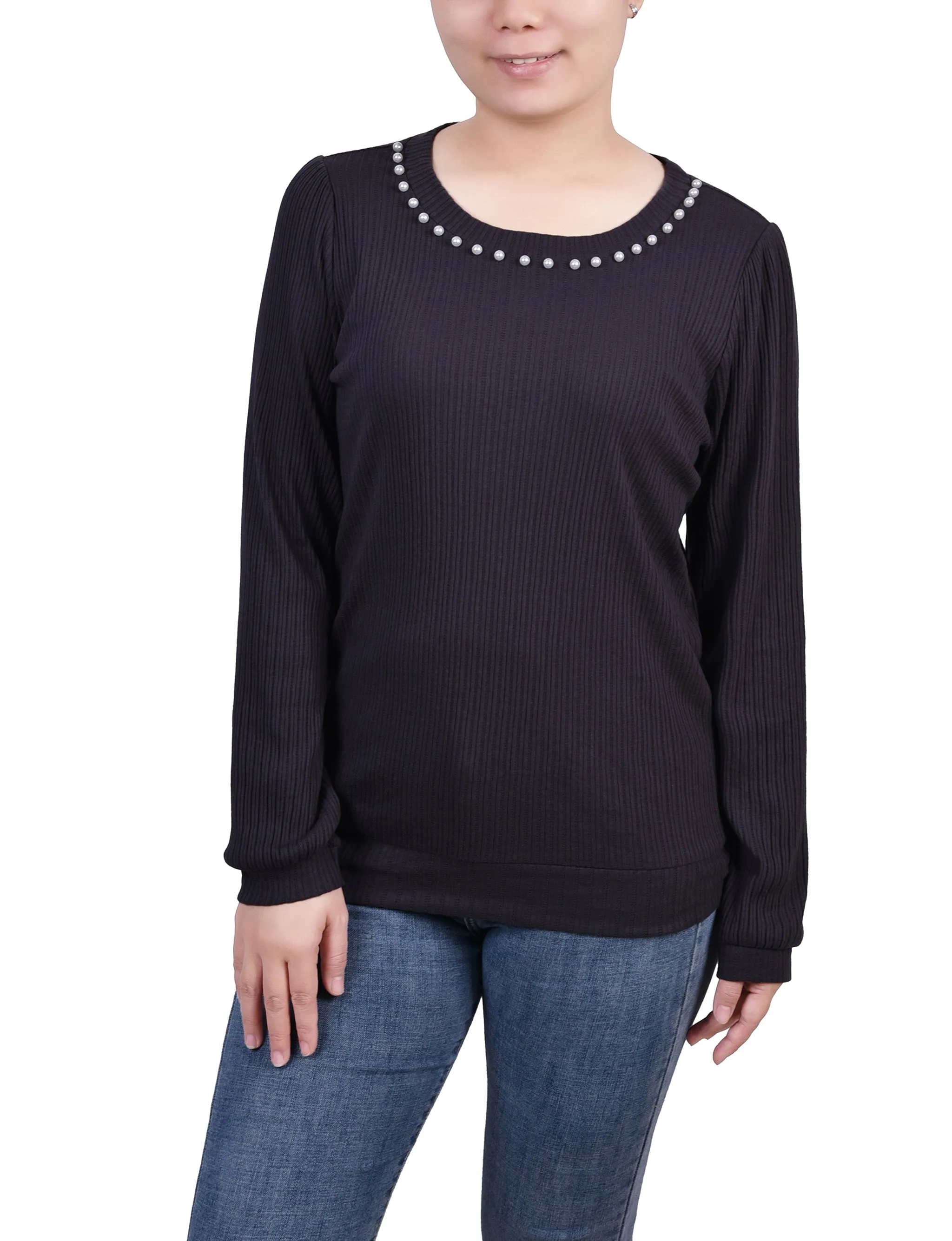 Petite Long Sleeve Ribbed Pearl Trimmed Top