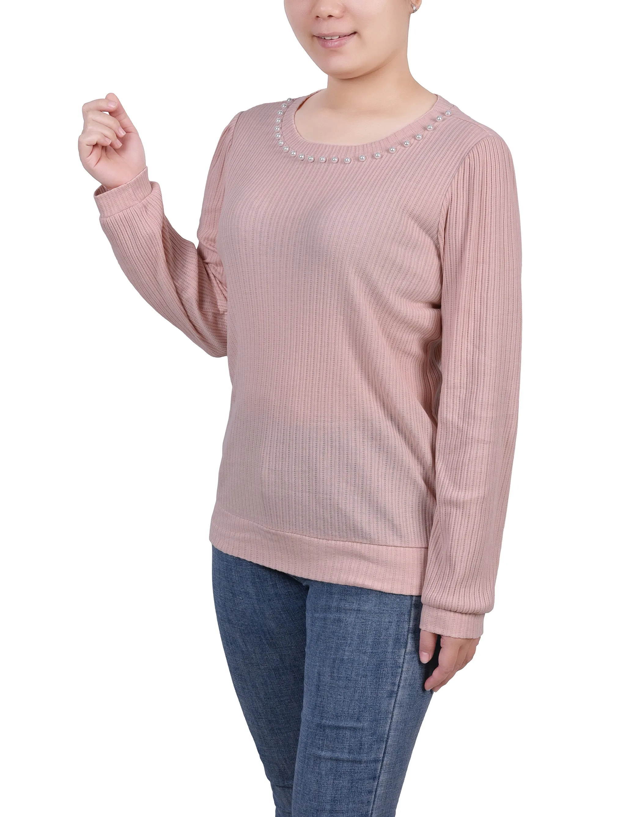 Petite Long Sleeve Ribbed Pearl Trimmed Top