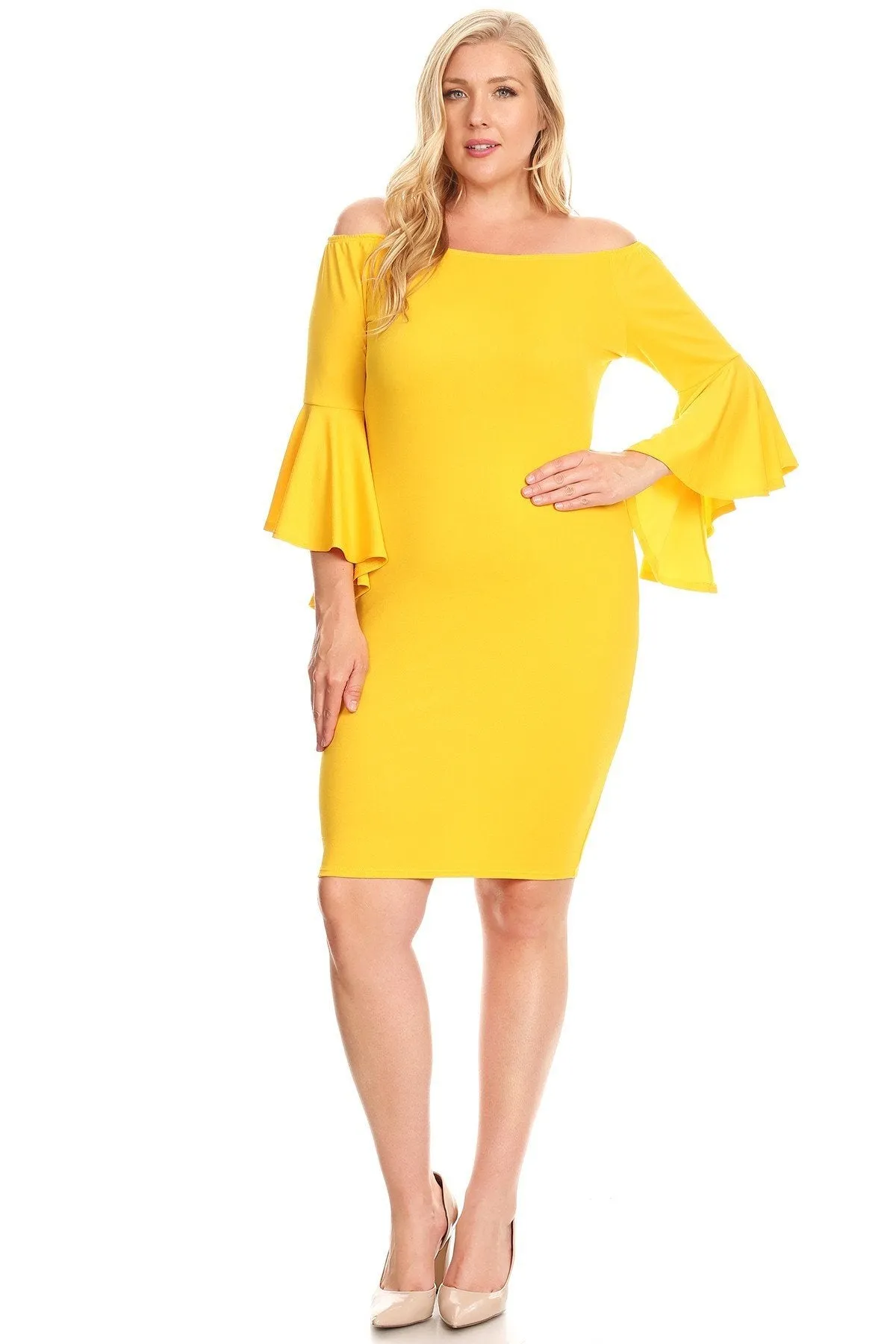 Plus Size Off Shoulder  with 3/4 bell sleeves bodycon Party Dress