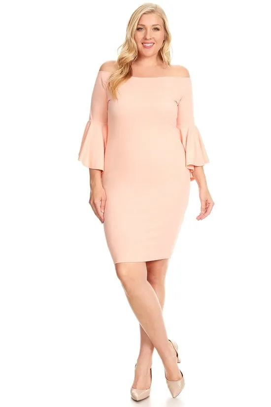 Plus Size Off Shoulder  with 3/4 bell sleeves bodycon Party Dress