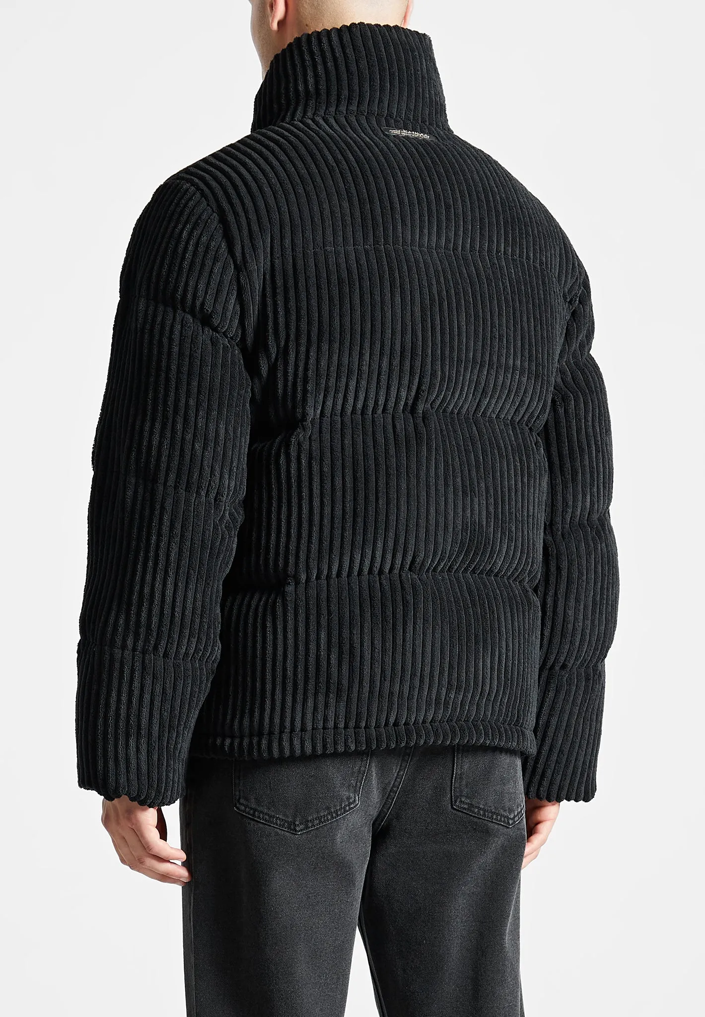 Ribbed Velour Puffer Jacket - Black