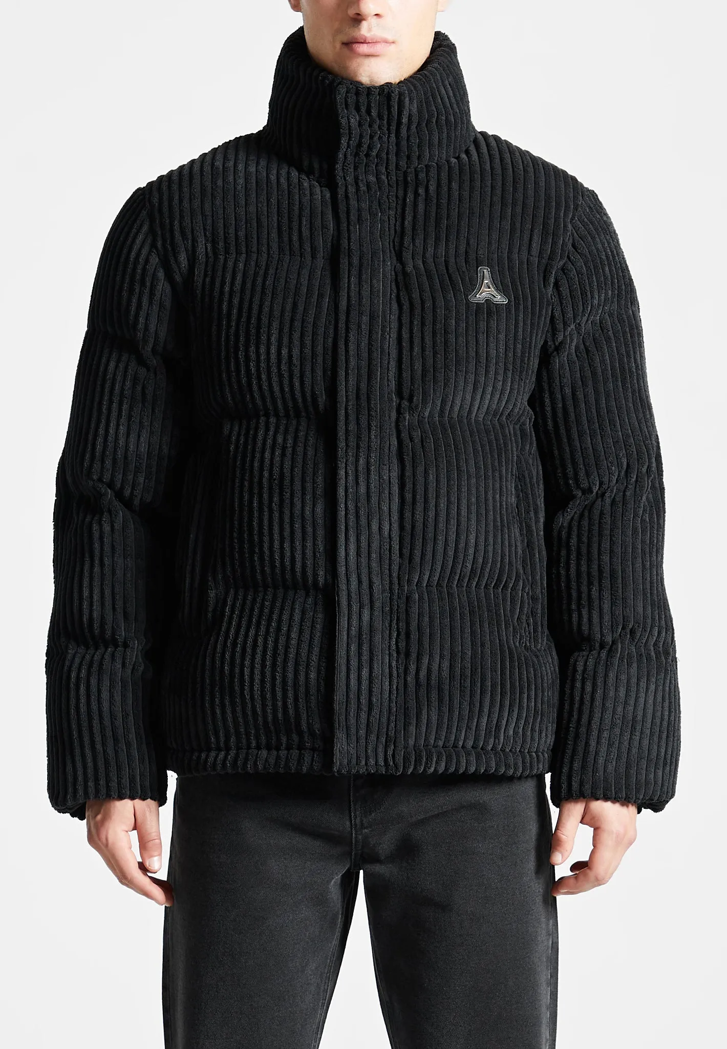 Ribbed Velour Puffer Jacket - Black