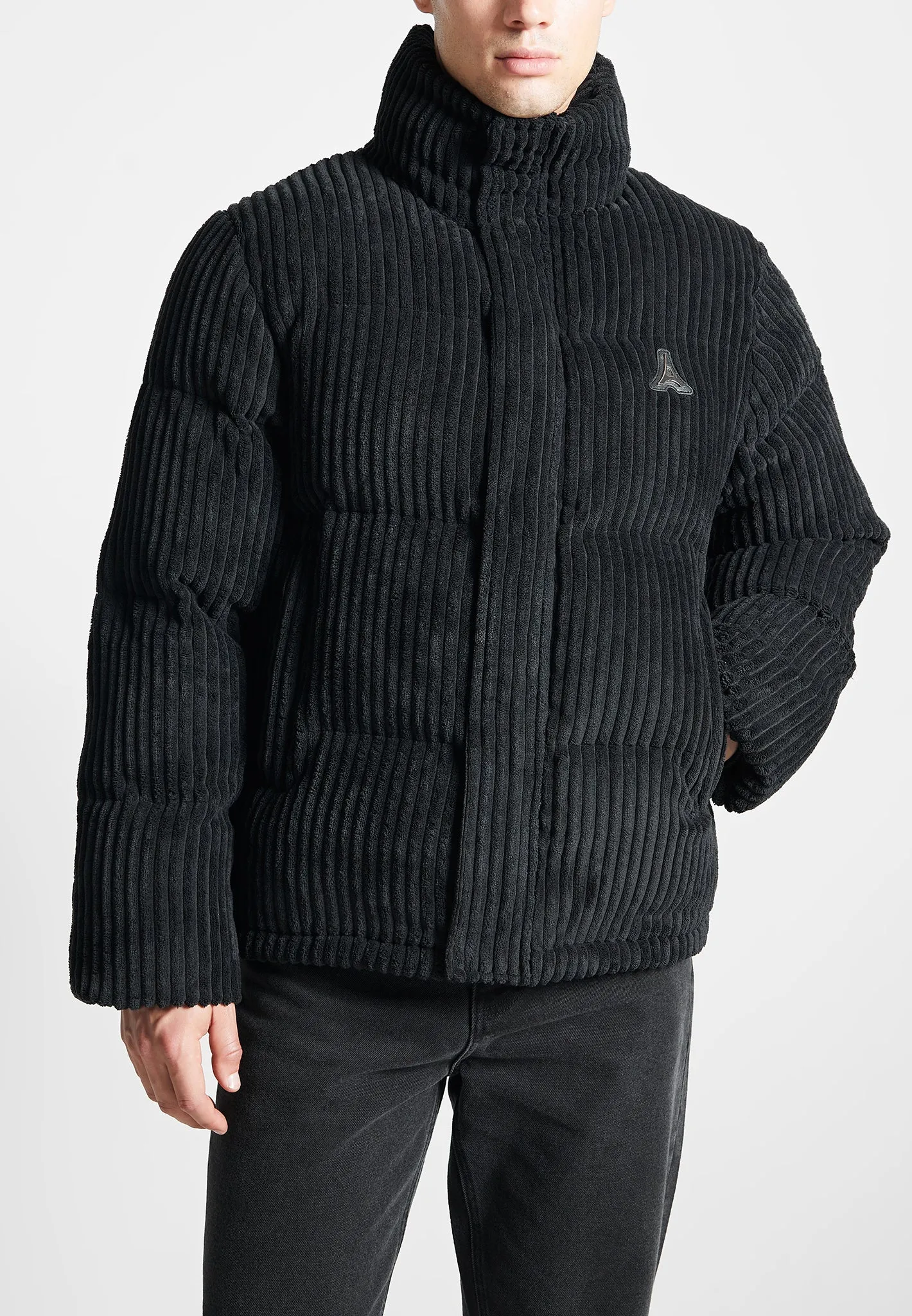 Ribbed Velour Puffer Jacket - Black