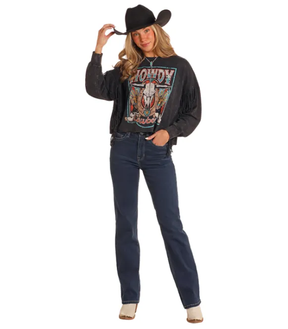 Rock & Roll Cowgirl Women's Black Howdy Cowboy Fringed Long Sleeve Pullover BW91T05401