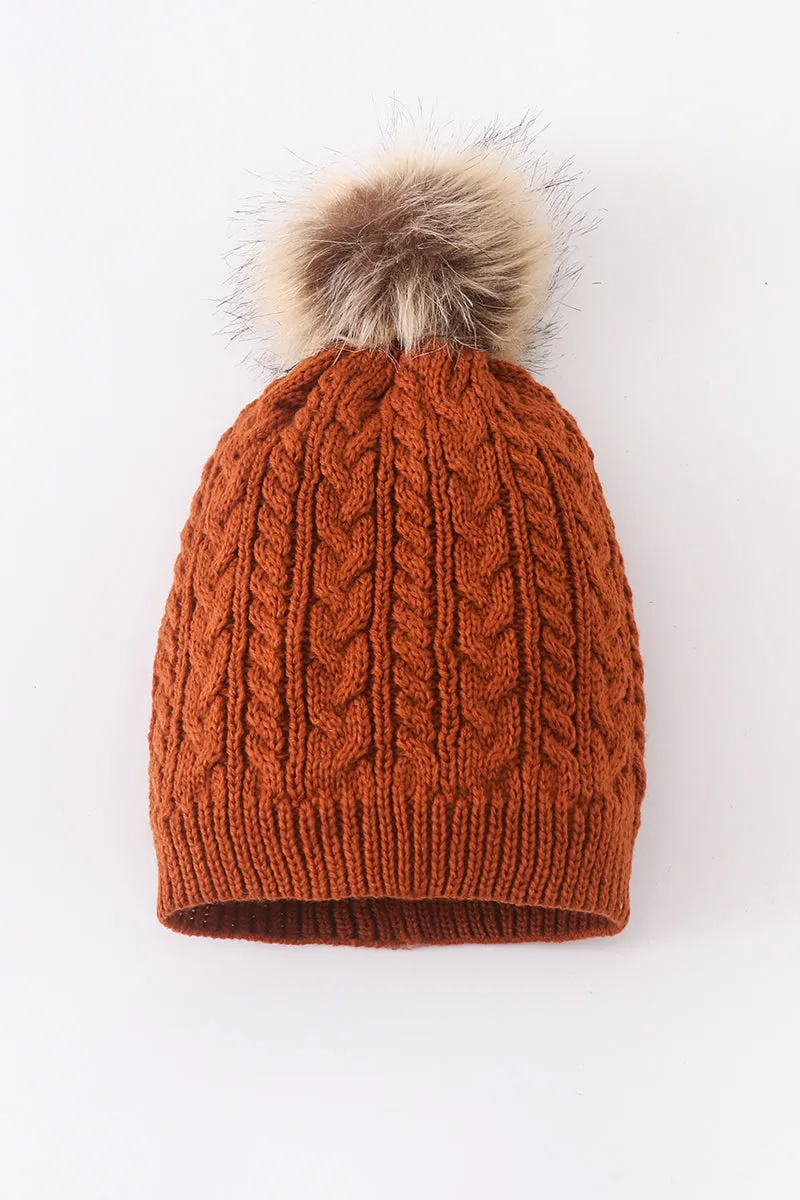 Rust cable knit pom pom beanie hat baby toddler adult