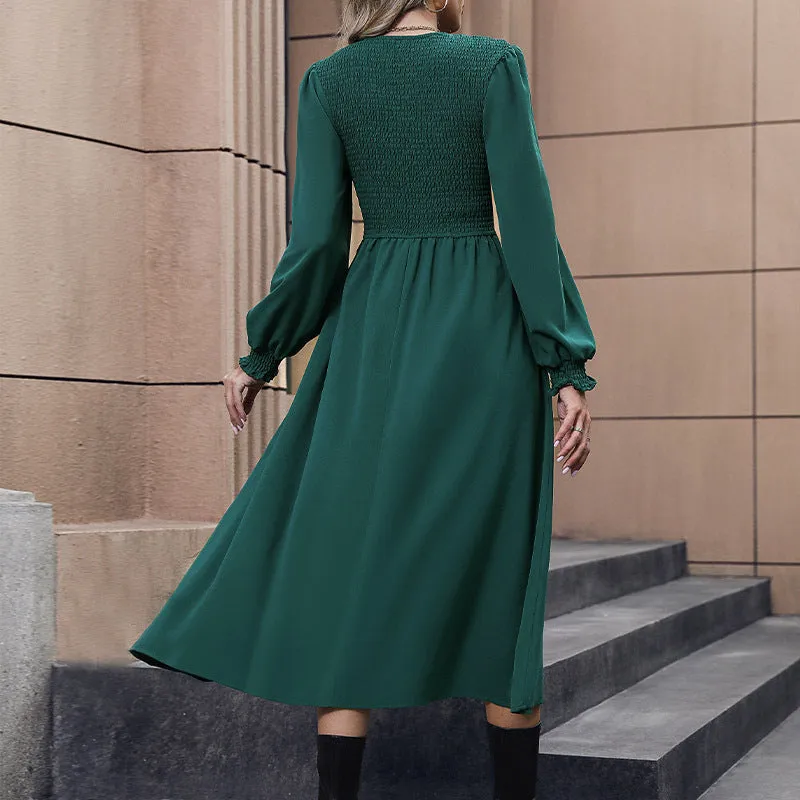 Solid Color Long Sleeve Silky Round Neck Maxi Dress