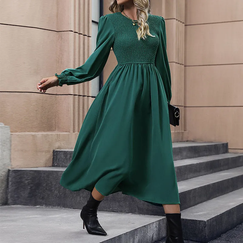 Solid Color Long Sleeve Silky Round Neck Maxi Dress