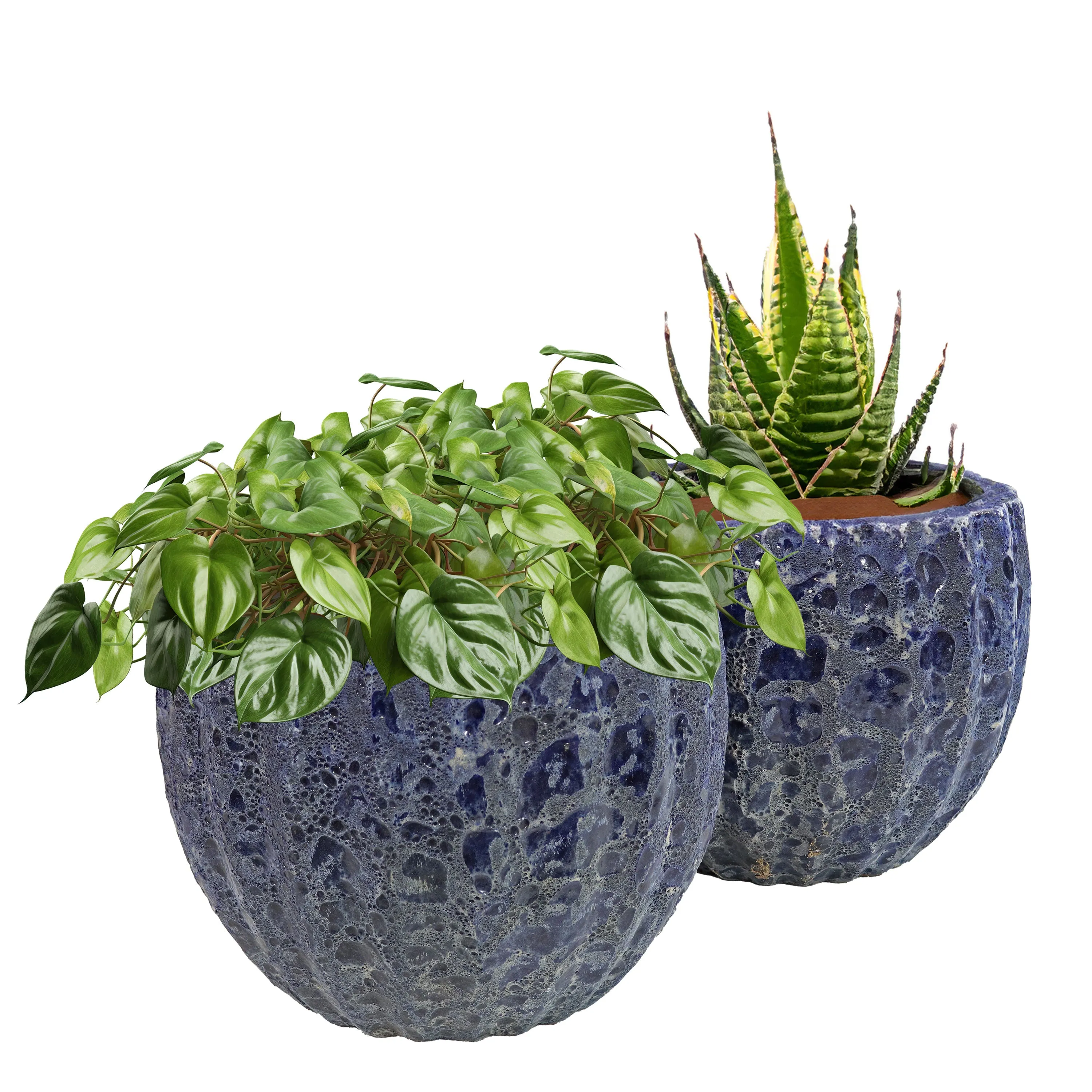 Sunnydaze 10" Ceramic Planter Set of 2 - Dark Blue Fluted Lava Finish