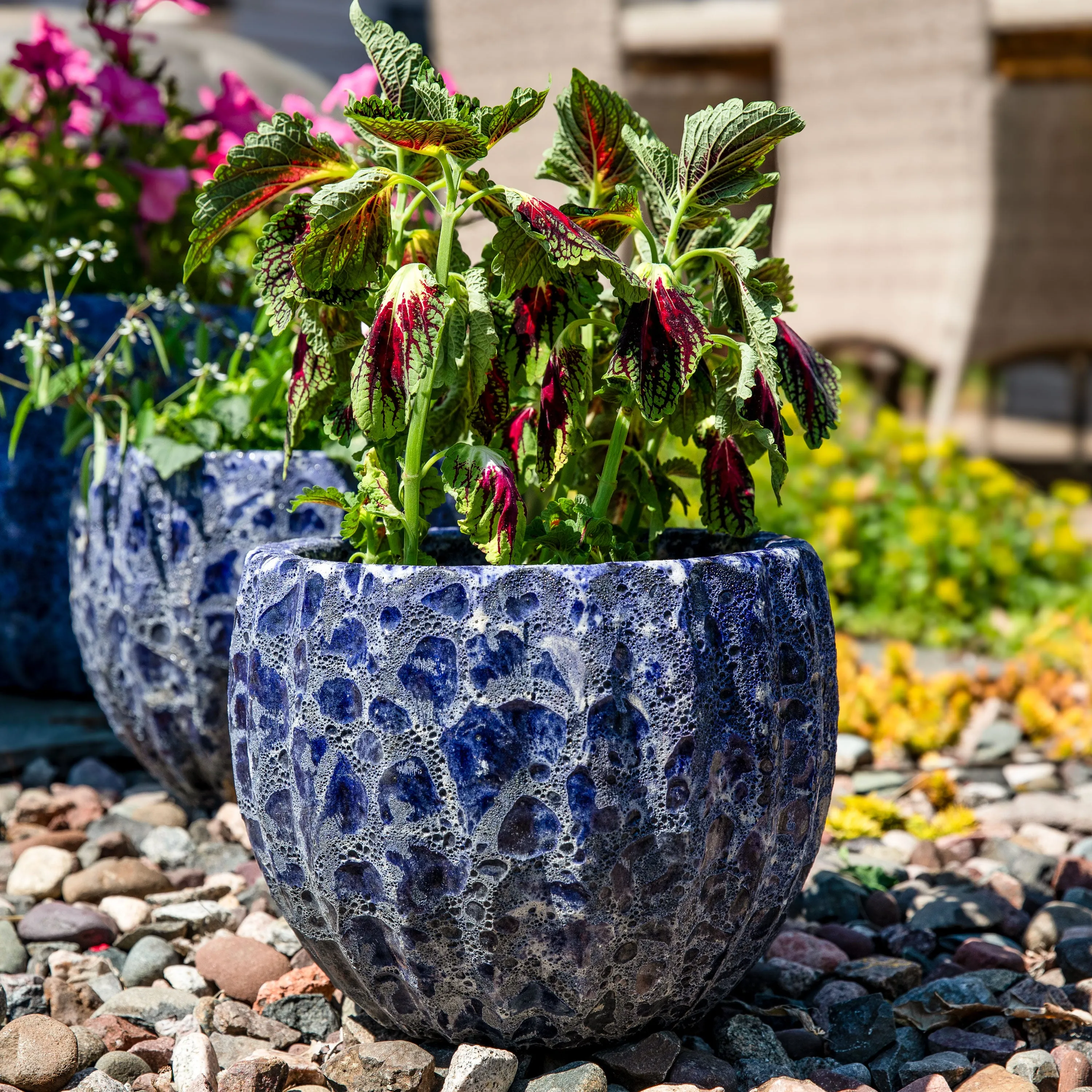 Sunnydaze 10" Ceramic Planter Set of 2 - Dark Blue Fluted Lava Finish