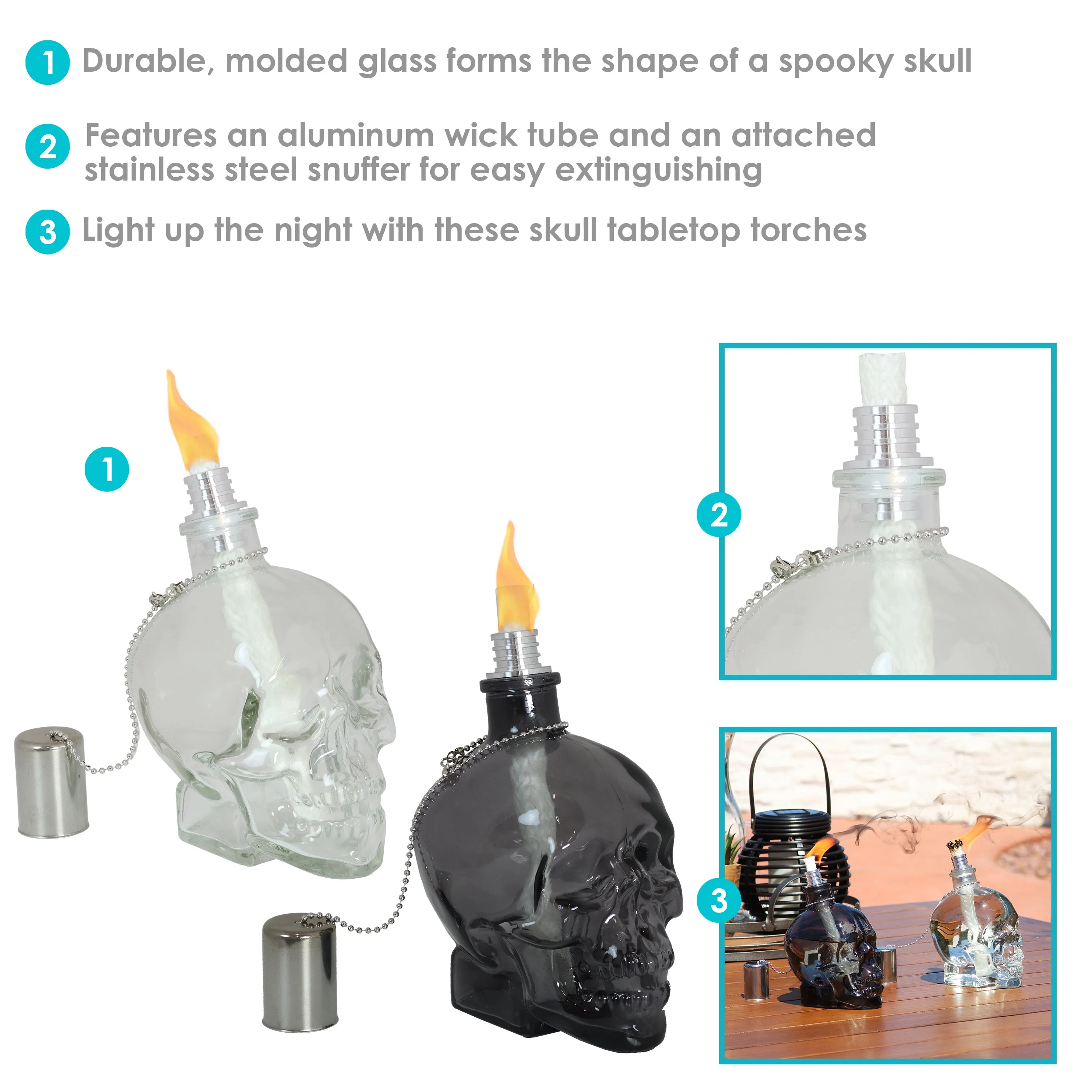 Sunnydaze Grinning Skull Glass Tabletop Torches - Black and Clear