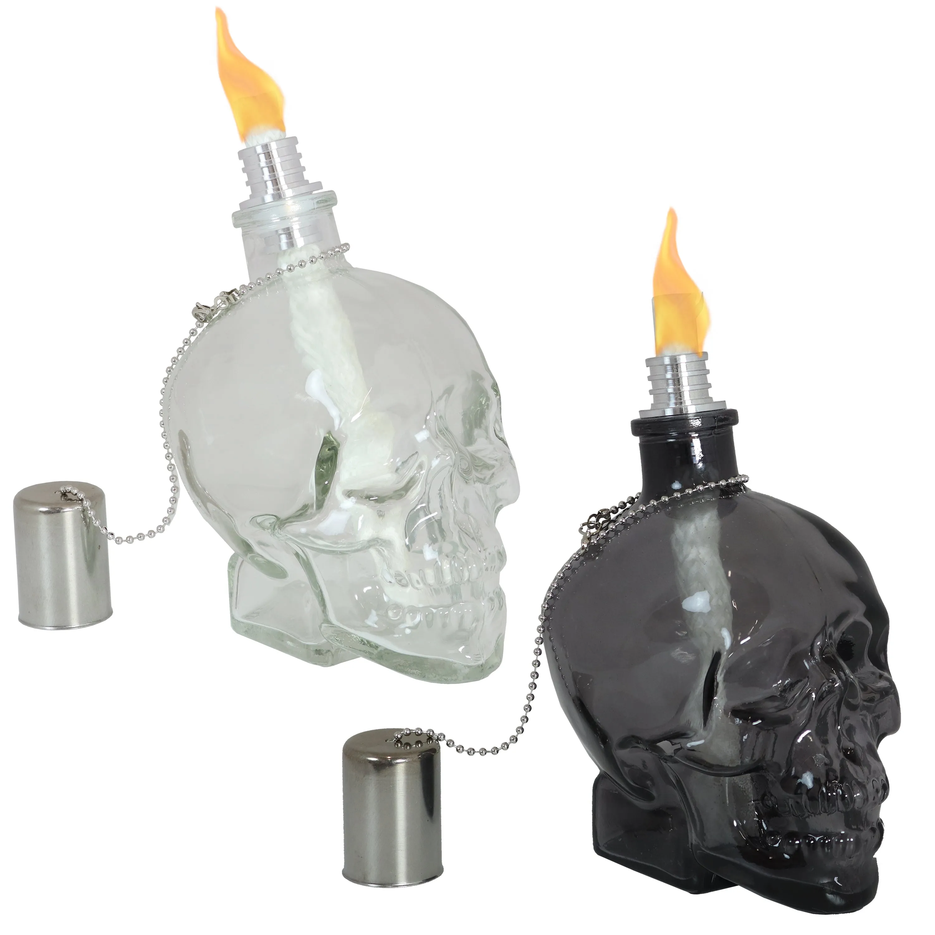 Sunnydaze Grinning Skull Glass Tabletop Torches - Black and Clear