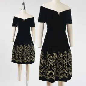 Vintage 80s Black Velvet Party Dress | Scott McClintock Off Shoulder Drop Waist Dress Metallic Gold Glitter Floral Dress size S M