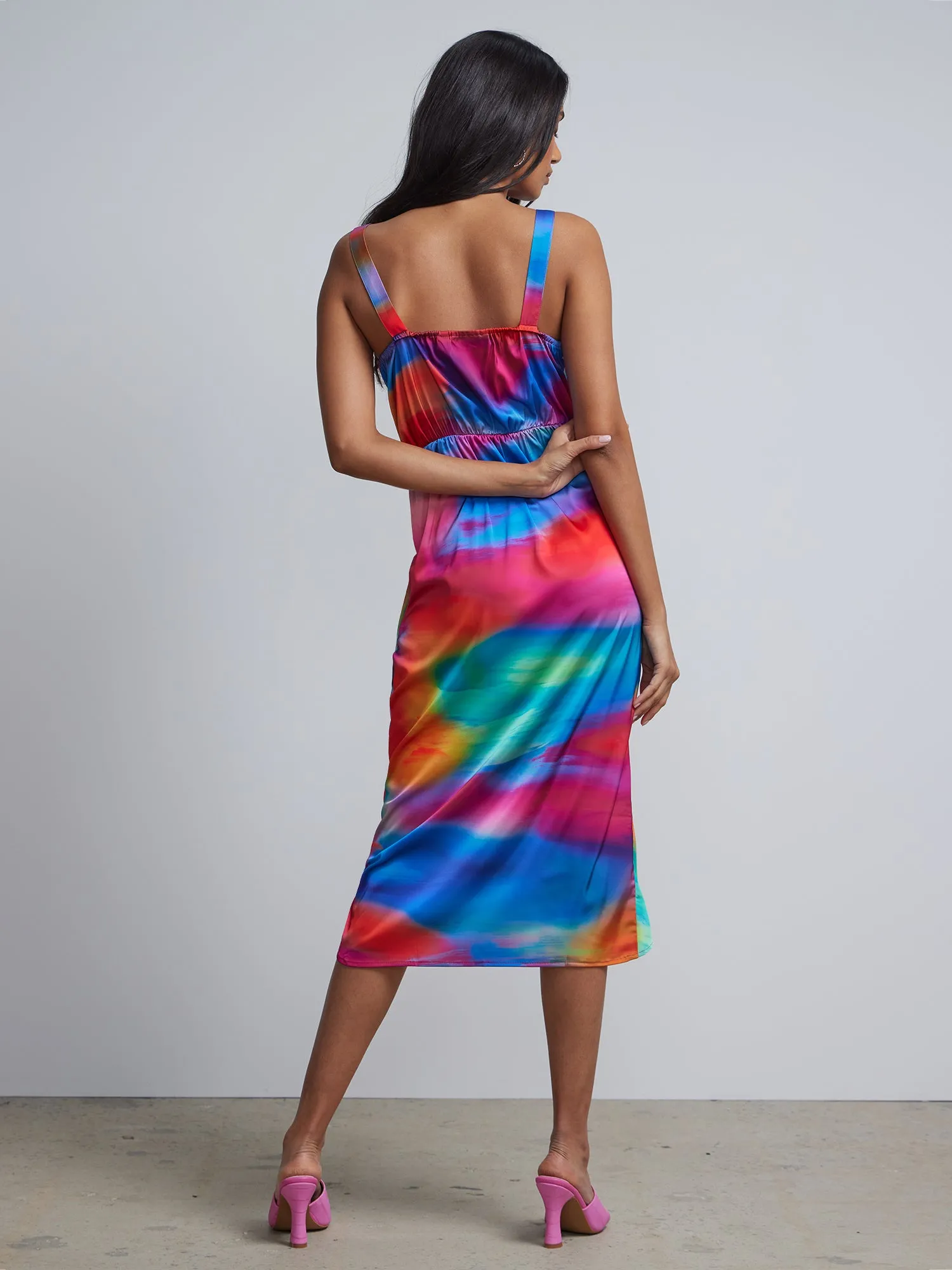 Watercolor-Print Wrap-Front Slip Dress