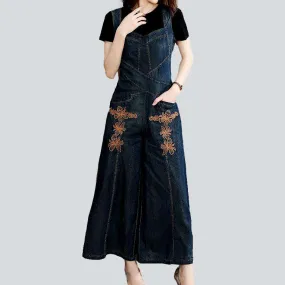 Wide-leg embroidered denim overall